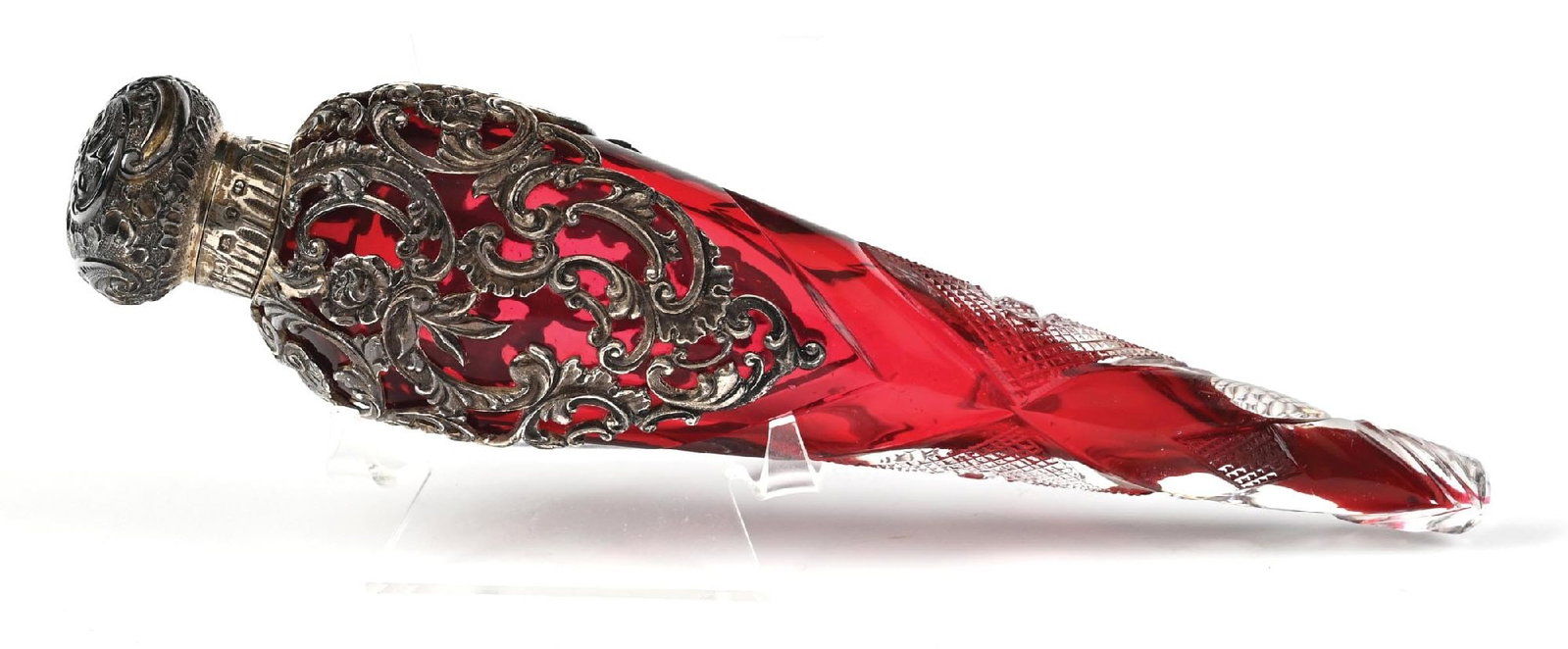 SILVER AND RUBY RED GLASS LAY-DOWN PERFUME BOTTLE (1 of 6)