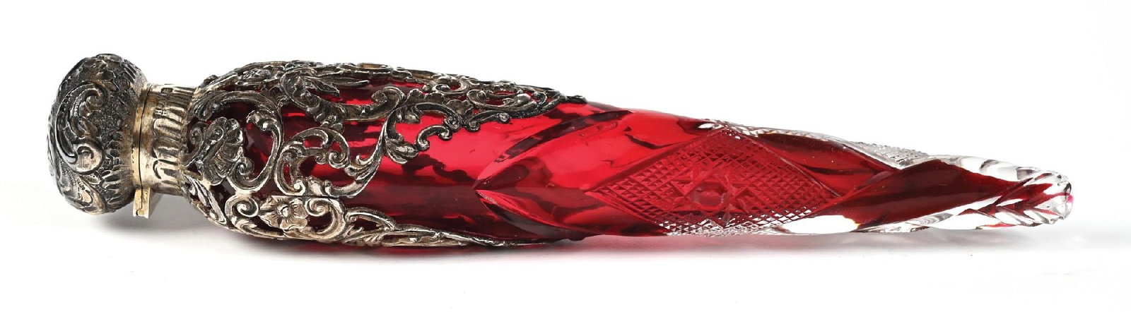 SILVER AND RUBY RED GLASS LAY-DOWN PERFUME BOTTLE - 2