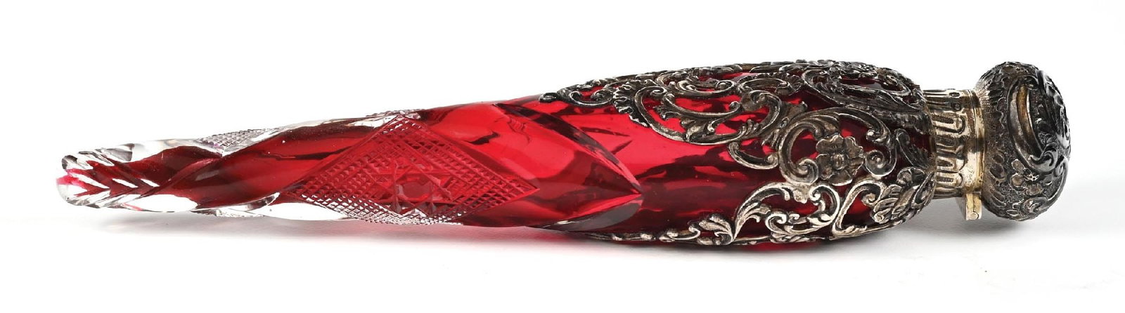 SILVER AND RUBY RED GLASS LAY-DOWN PERFUME BOTTLE - 3
