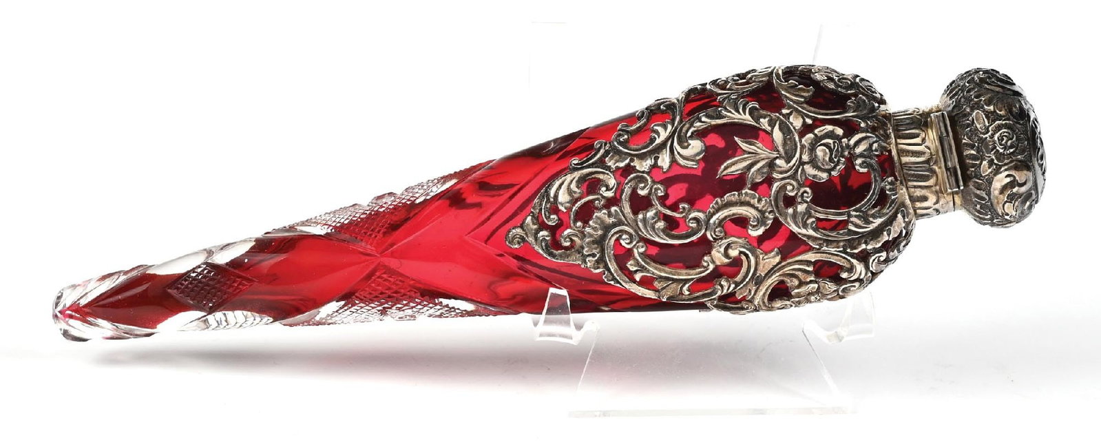 SILVER AND RUBY RED GLASS LAY-DOWN PERFUME BOTTLE - 4