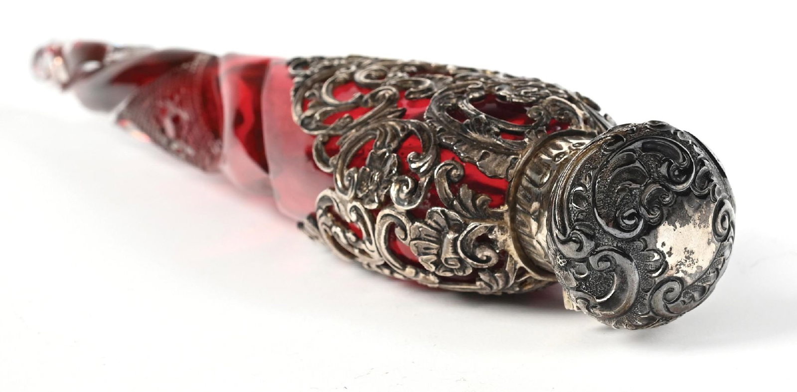 SILVER AND RUBY RED GLASS LAY-DOWN PERFUME BOTTLE - 5