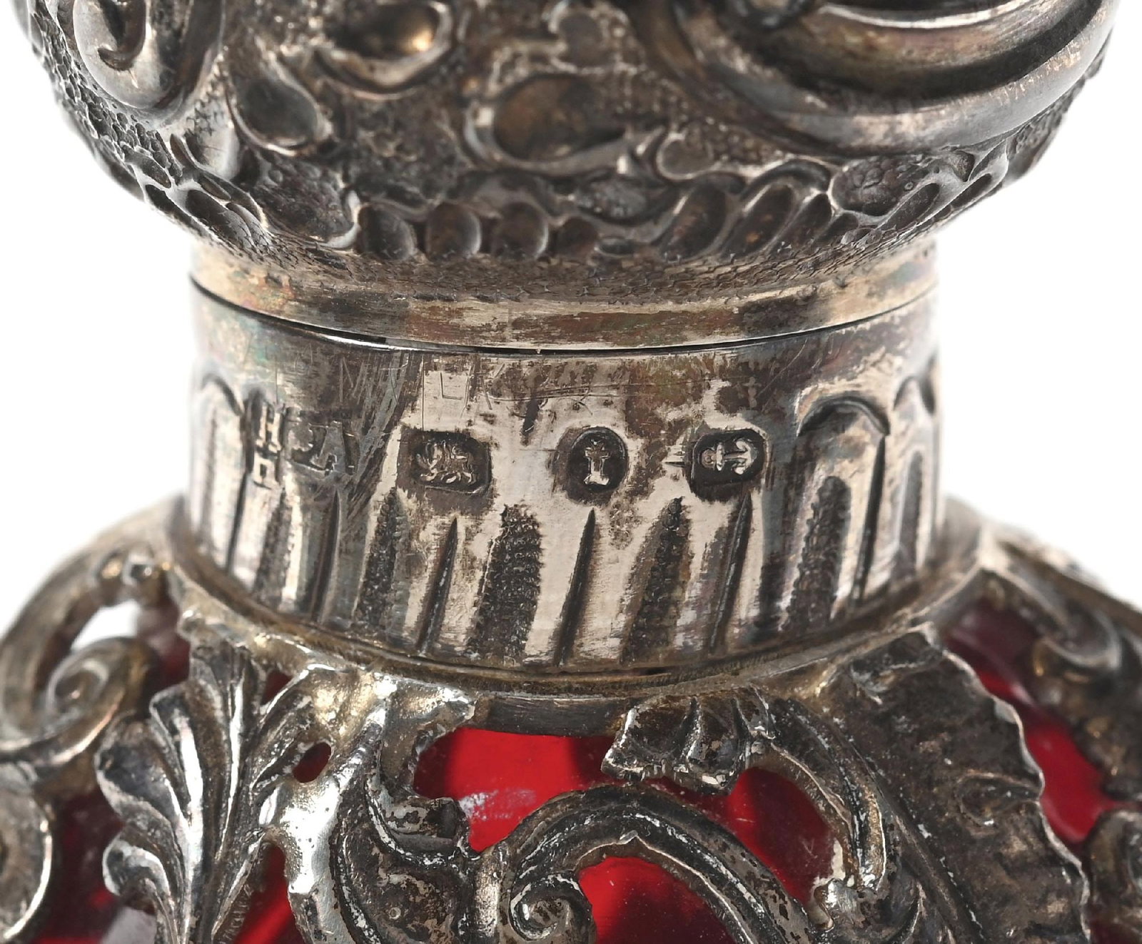 SILVER AND RUBY RED GLASS LAY-DOWN PERFUME BOTTLE - 6
