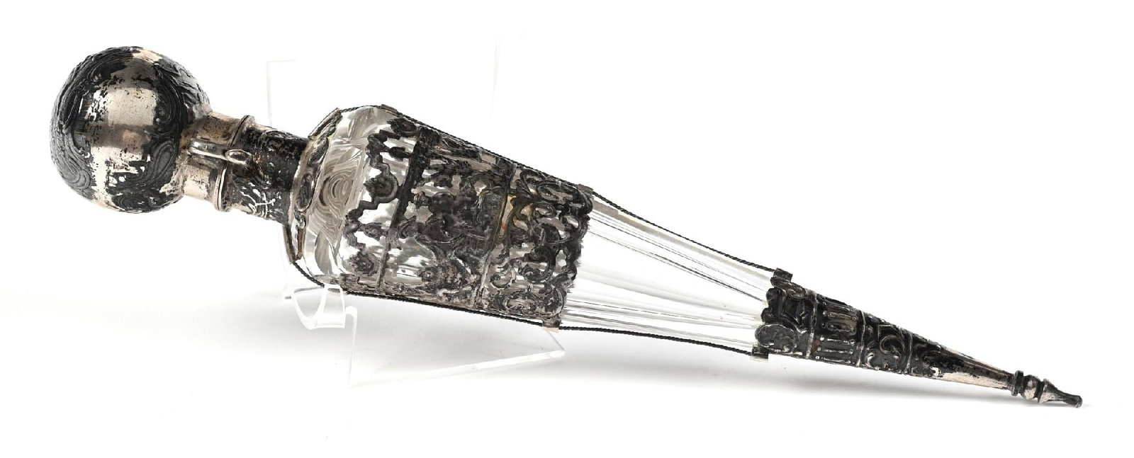 GERMAN GLASS WITH SILVER OVERLAY LAY-DOWN PERFUME BOTTLE (1 of 5)