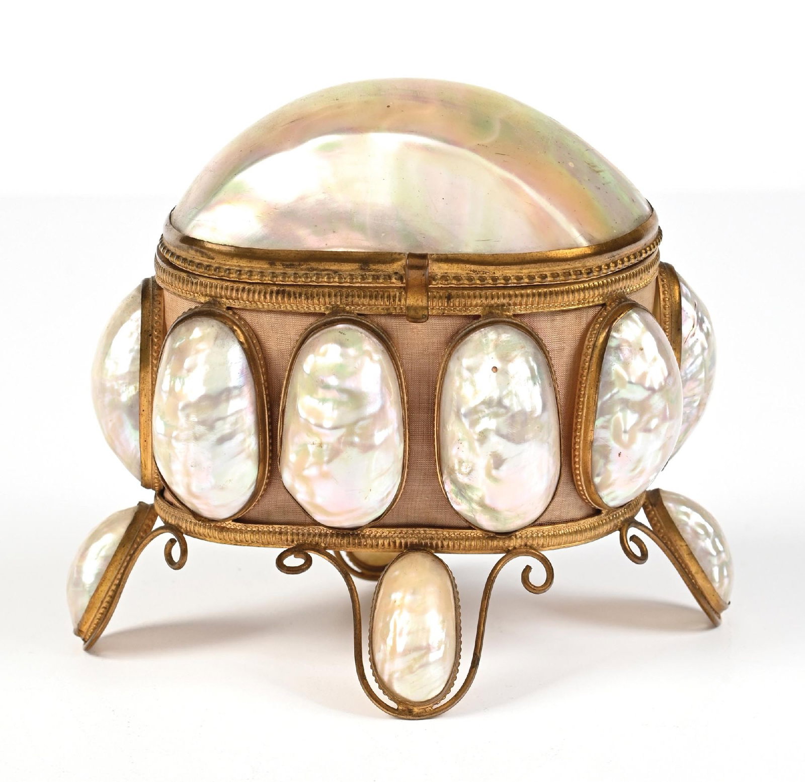 MOTHER OF PEARL (INCLUDING 15 SHELLS) CADDY WITH 2 PERFUMES: C. 1800s. A fantastic Palais Royal mother-of-pearl perfume casket and two perfumes. The casket is framed with brass and set with 15 mother-of-pearl egg-shaped shells around the body. The top of the ca