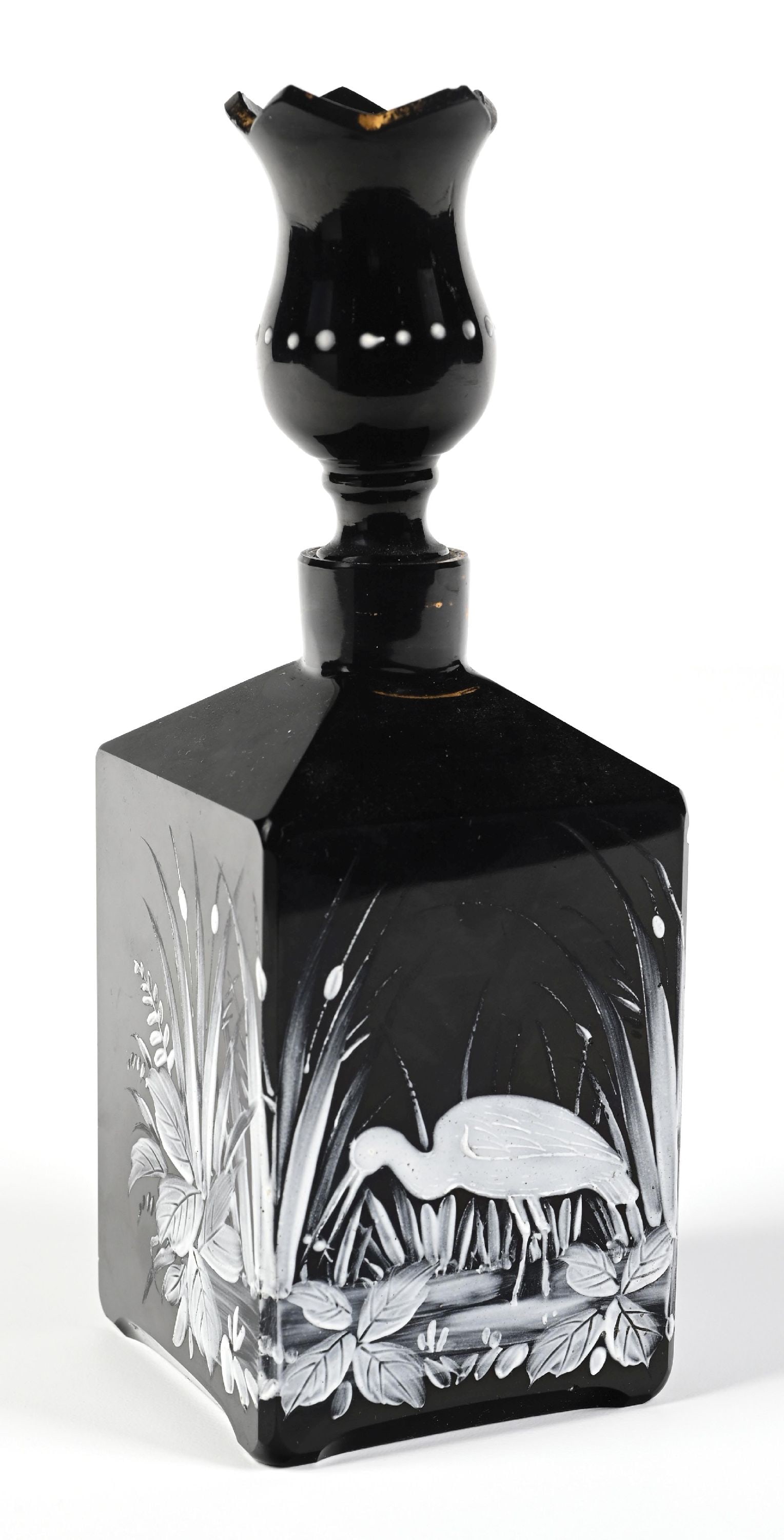 MARY GREGORY MOSER HARRACH BLACK PERFUME/DECANTER WITH GREENERY & EGRET PATTERN (1 of 6)