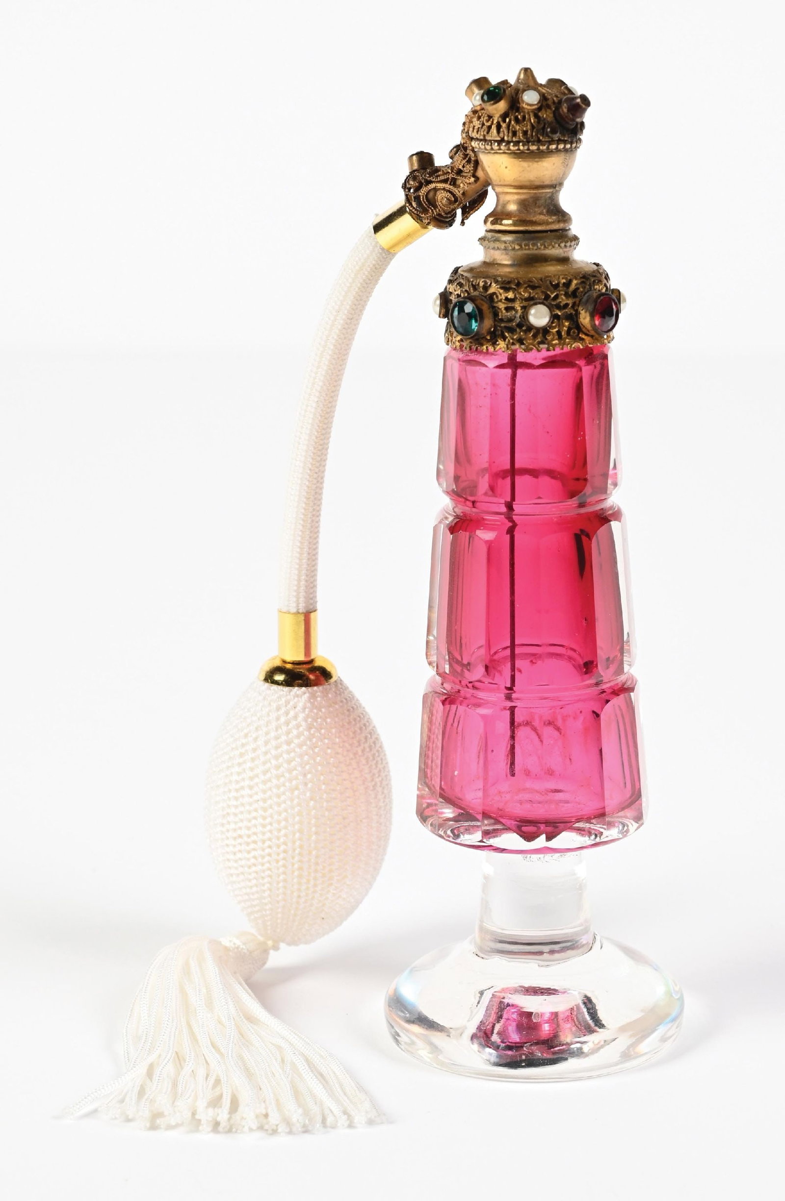 CUT GLASS AUSTRIA PINK PERFUME WITH JEWELED ACCENTS & WHITE ATOMIZER (1 of 5)