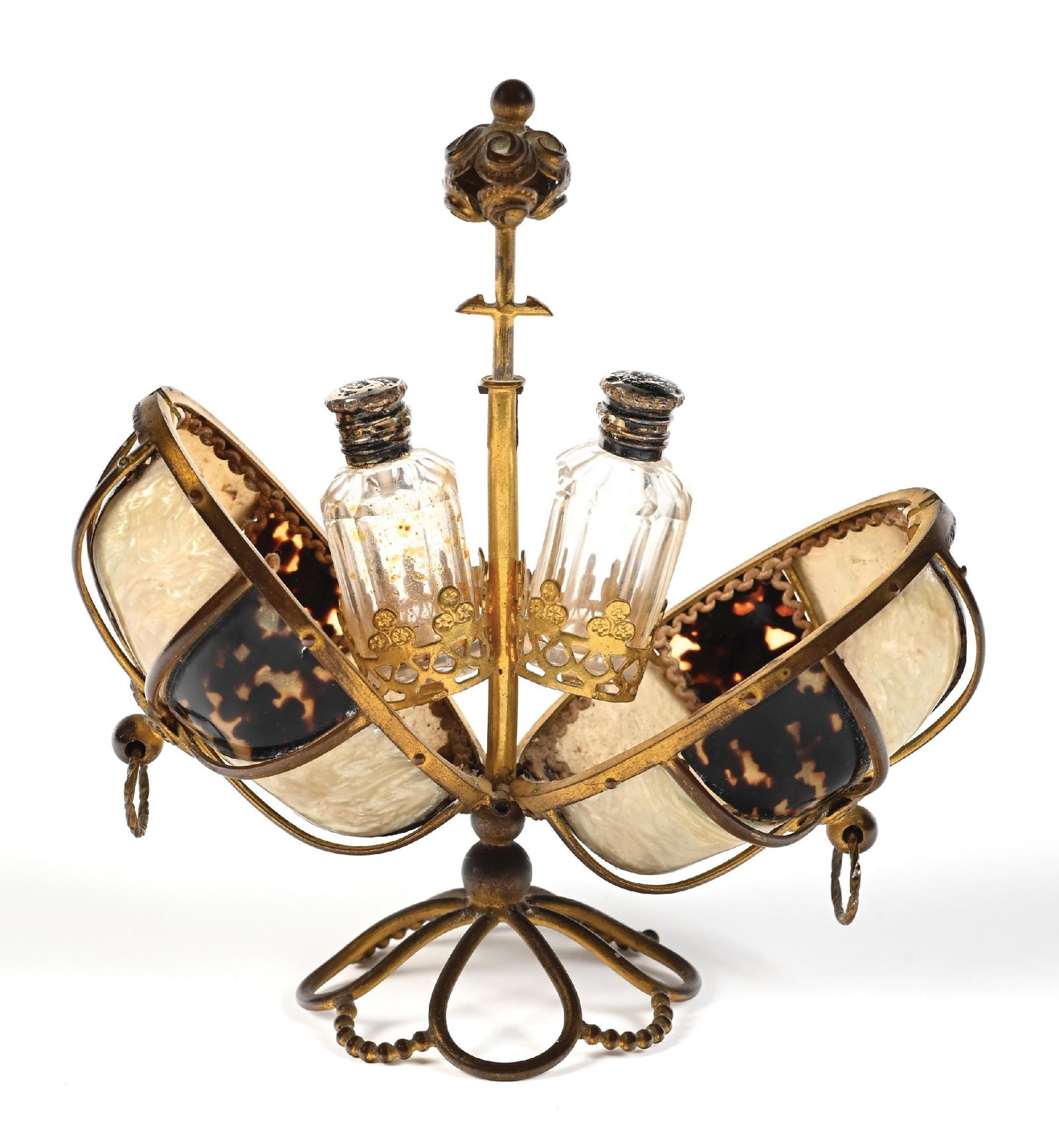 PALAIS ROYAL EGG SHAPED MOTHER OF PEARL & TORTIOUS SHELL ENCASED 2 BOTTLE PERFUME VANITY SET ON (1 of 4)