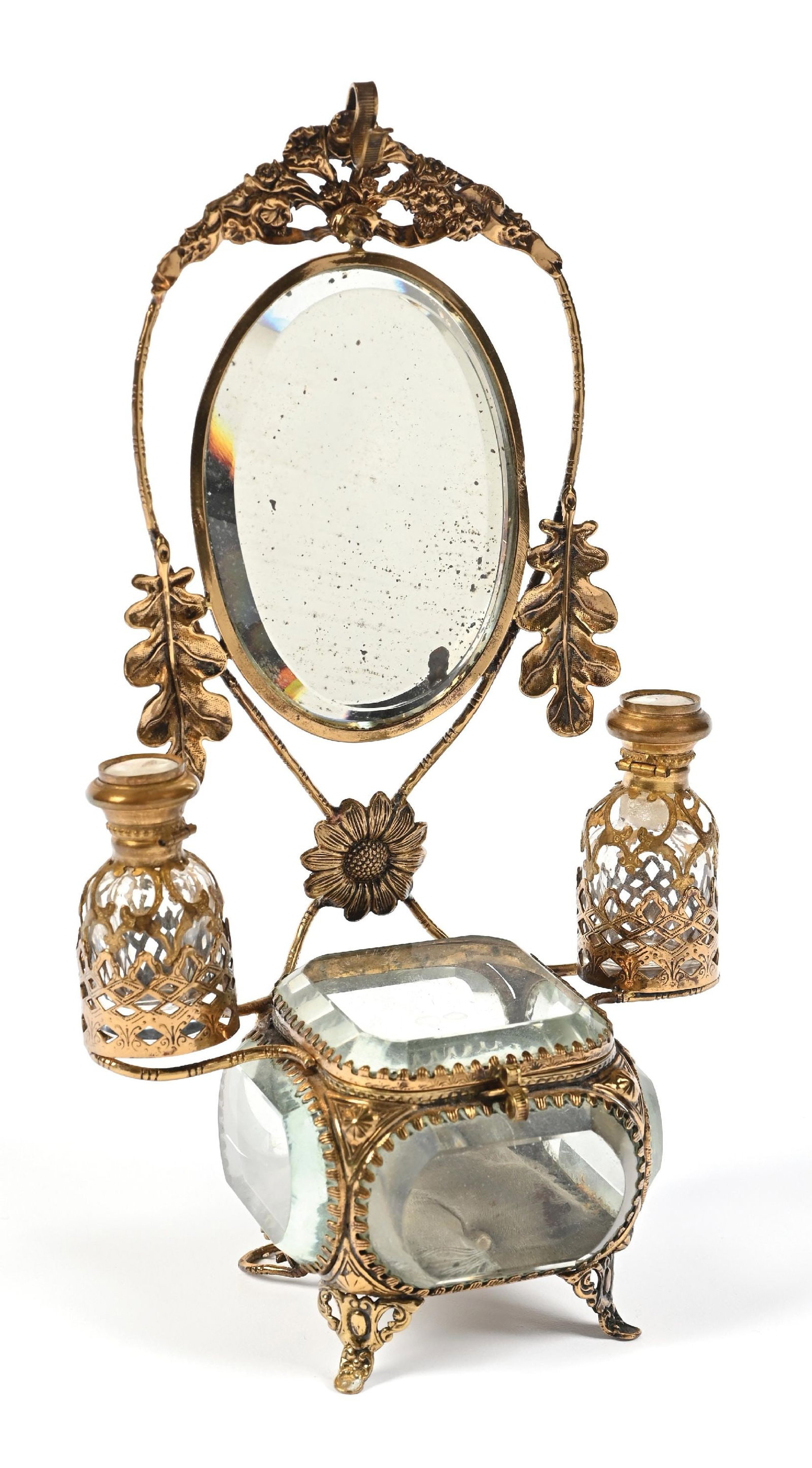 SUNFLOWER PERFUME/JEWELRY VANITY SET WITH 2 PERFUMES, GLASS JEWELRY BOX & MIRROR ON GOLD STAND (1 of 4)