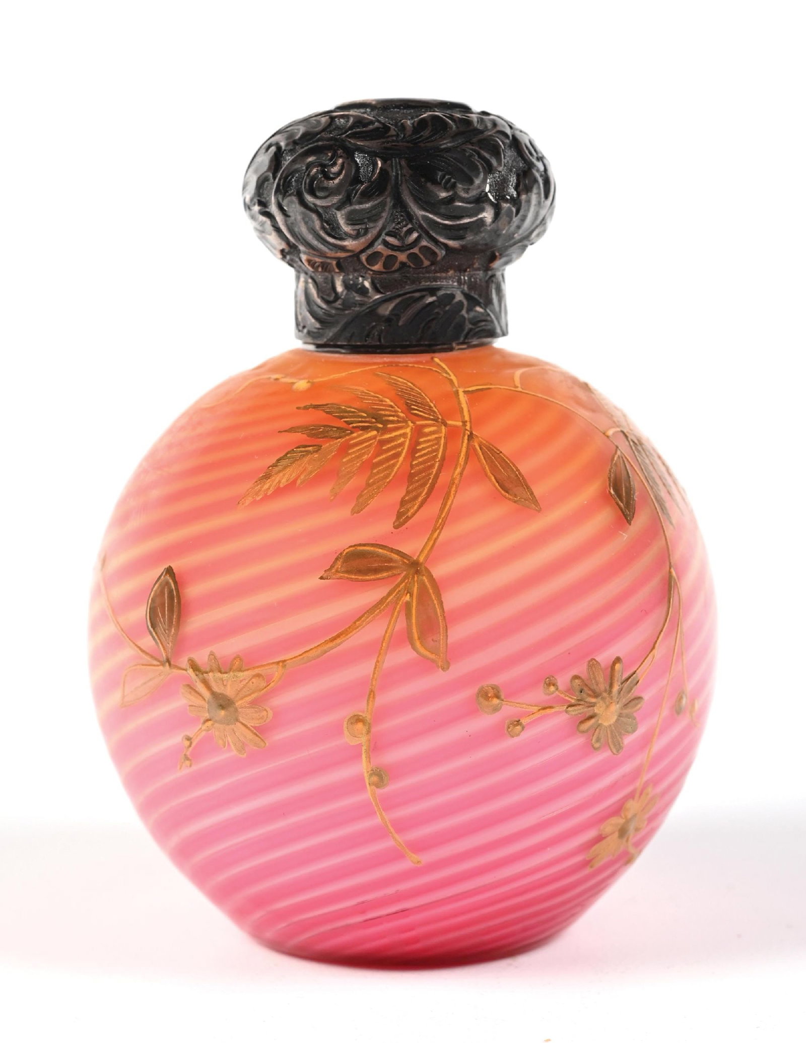 SATIN GLASS PERFUME BOTTLE WITH SILVER MOUNT: C. 1800s-1900s. A cheerful Thomas Webb & Sons satin glass perfume with a silver screw-top lid stamped "H&A". The perfume has a round, overlaid glass body with a vibrant pink and orange color gradient.