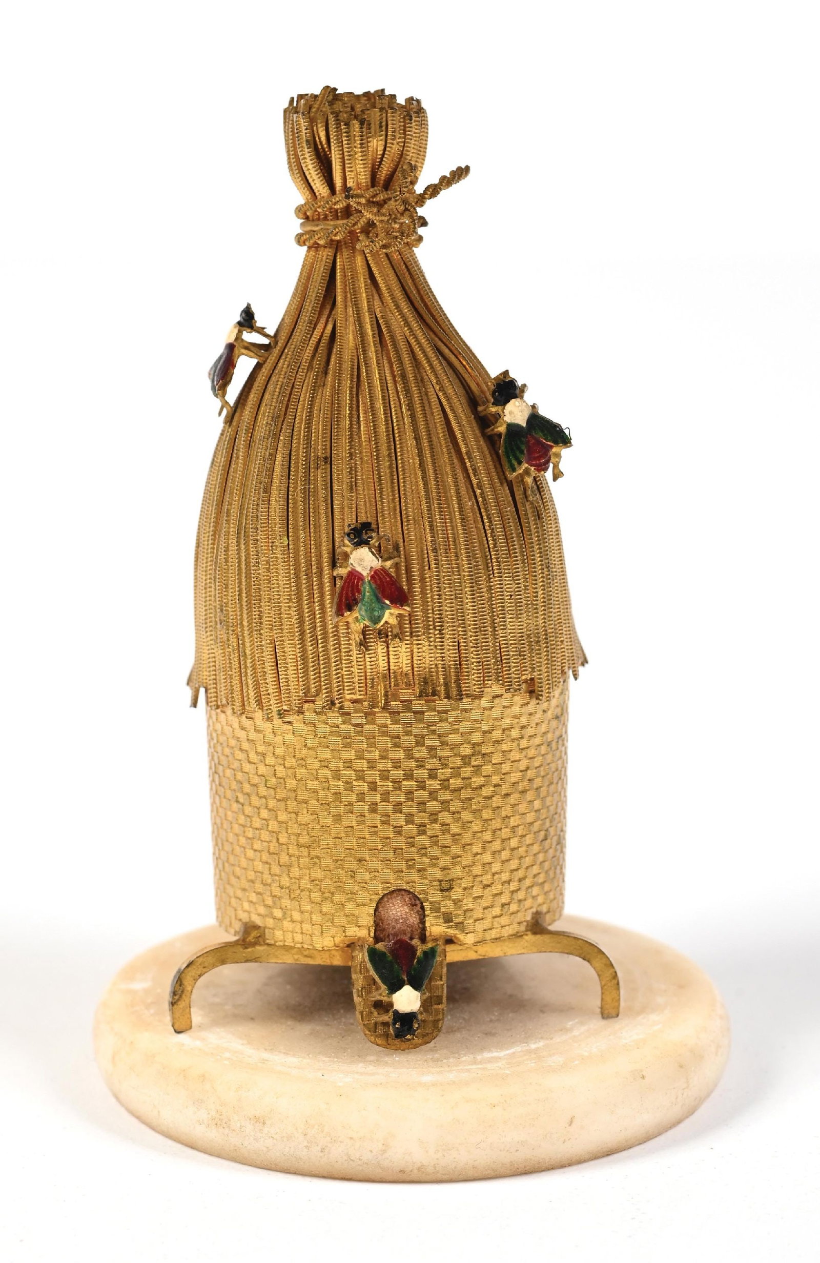 NAPOLEON III GILT BEEHIVE PERFUME CASE: C. 1800s-1900s. A charming French Napoleon III gilt beehive perfume holder with a uranium glass bottle and stopper. The beehive has a hinged lid with gilt bees and enamel decoration on its top. The ur