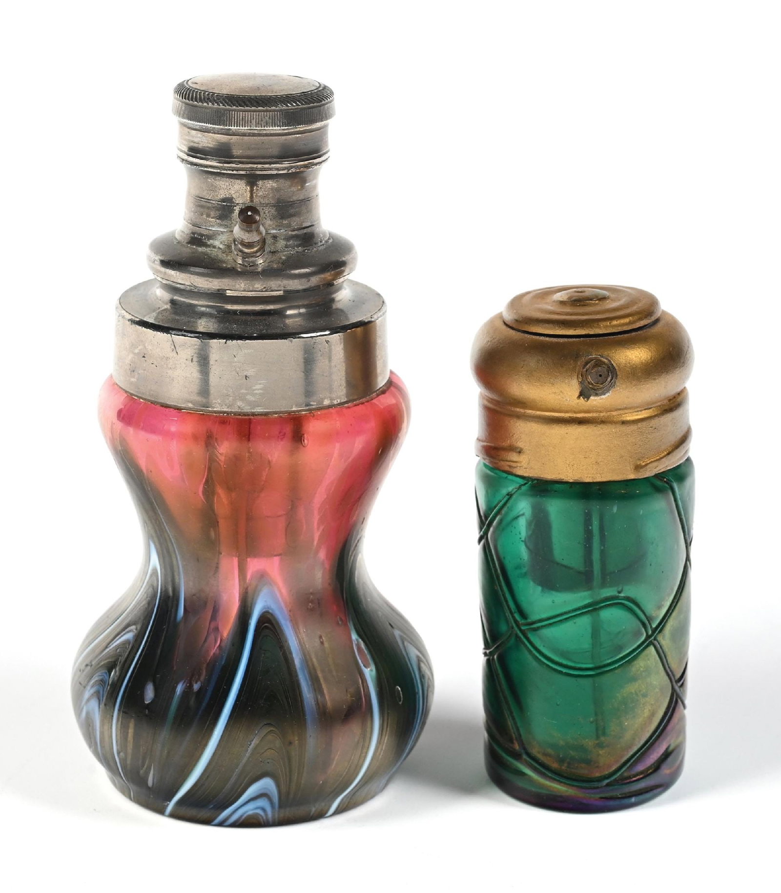 ART NOUVEAU PERFUMES WITH ATOMIZERS & SWIRLED PATTERNS: C. 1900s. (A) An attractive Loetz example, functional, iridescent glass perfume silver-plate pump featuring a distinct swirling oilspot design in shades of copper, blue green, and white. The piece has