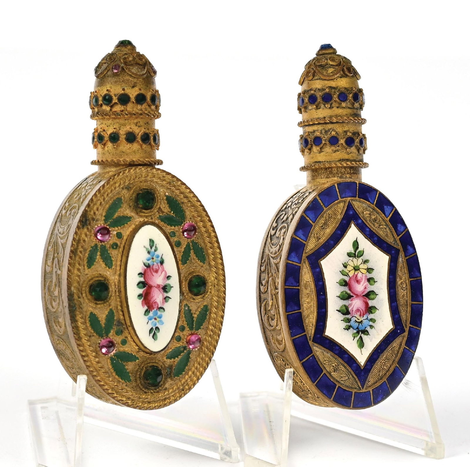 LOT OF 2: VINTAGE PERFUME BOTTLES FEATURING BLUE & GREEN ENAMEL & HAND PAINTED DESIGNS (1 of 5)
