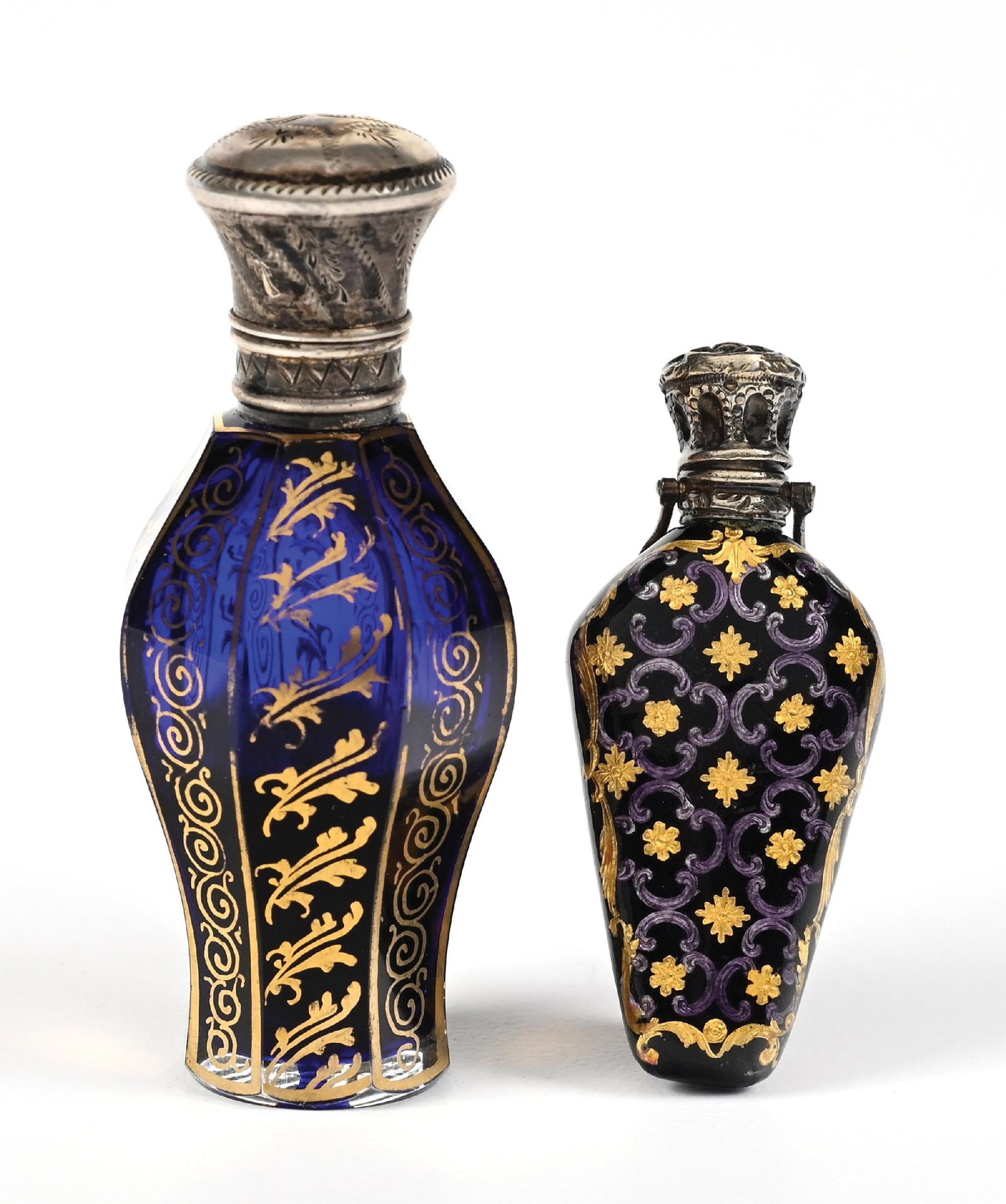 LOT OF 2: COBALT BLUE GLASS WITH GOLD DETAIL PERFUME BOTTLES (1 of 5)