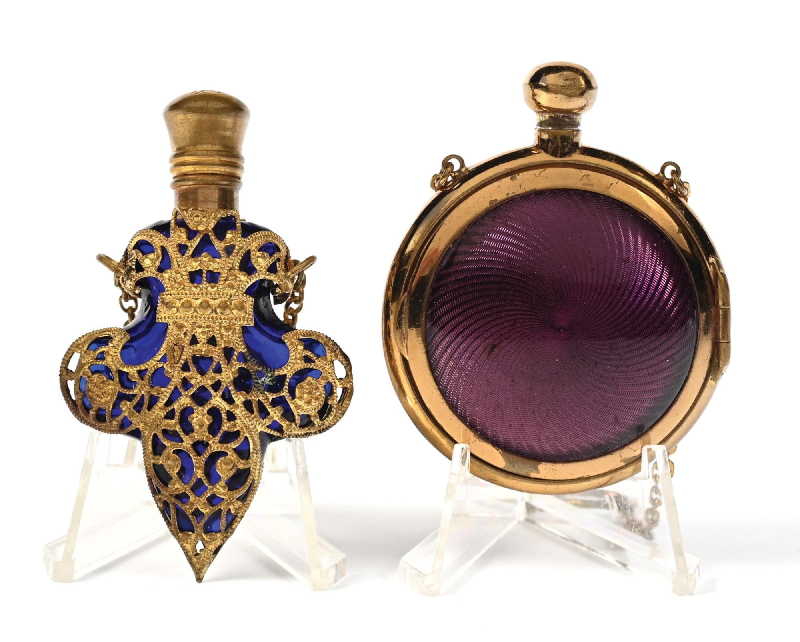 LOT OF 2: BLUE GLASS WITH GOLD FILIGREE & PURPLE ENAMEL PERFUME COMPACT BOTTLES (1 of 4)