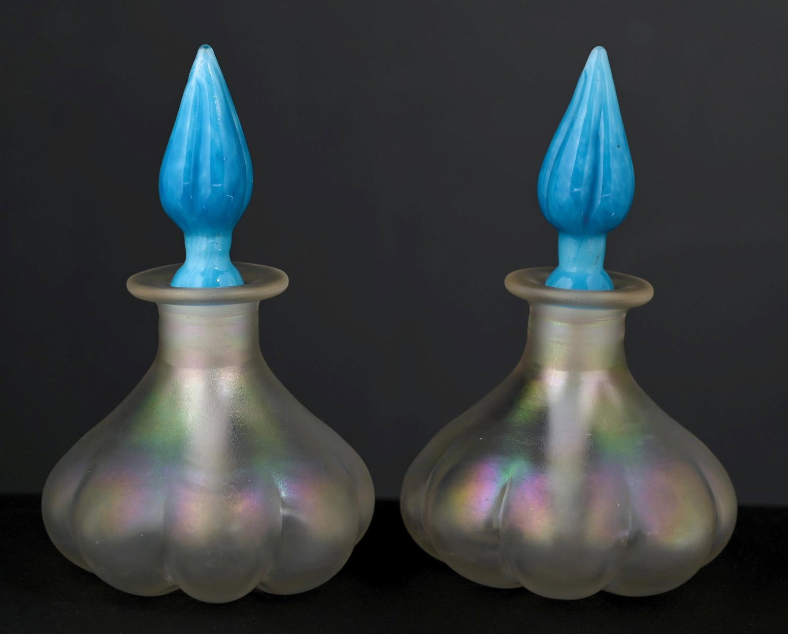 LOT OF 2: STEUBEN VERRE DE SOIE PERFUME BOTTLES WITH CELESTE BLUE STOPPERS (1 of 5)