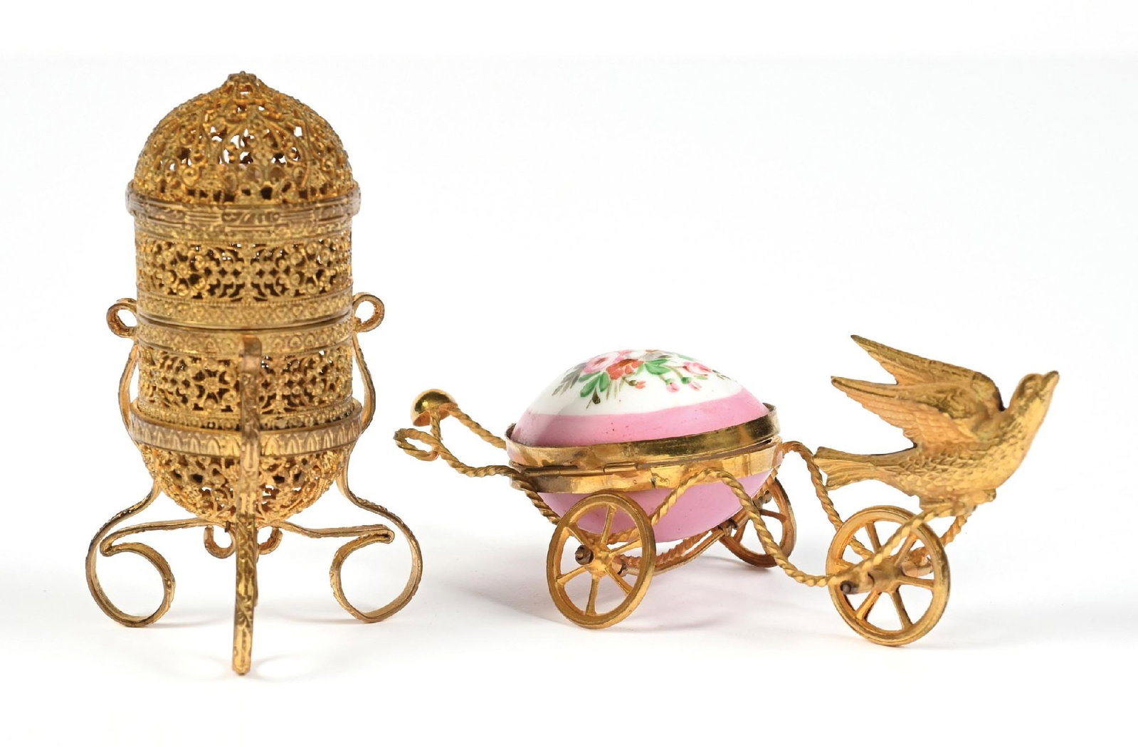 LOT OF 2: GOLD GILDED CANDY CASE & BIRD-DRAWN CHARIOT WATCH HOLDER (1 of 5)