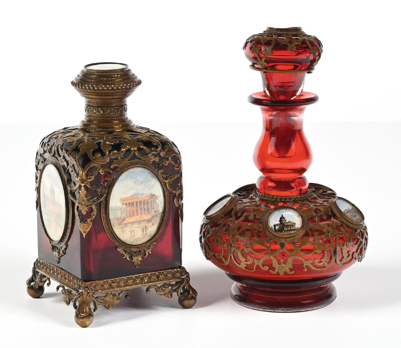 LOT OF 2: RUBY RED GLASS PERFUME BOTTLES WITH GILT BRONZE AND LANDMARK VIGNETTES (1 of 5)