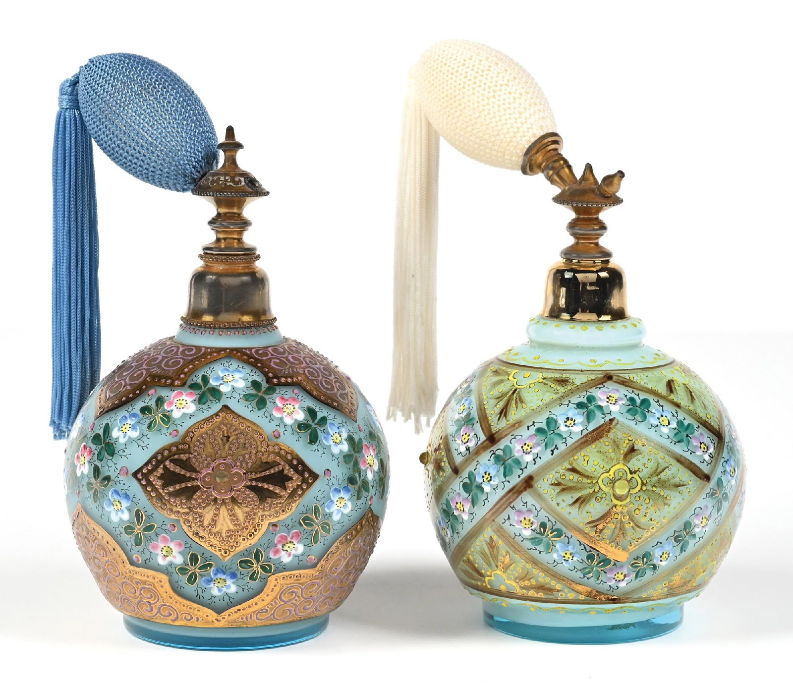 LOT OF 2: ORNATE BOHEMIAN GILT ENAMEL FLORAL BLUE PERFUMES WITH ATOMIZERS (1 of 5)
