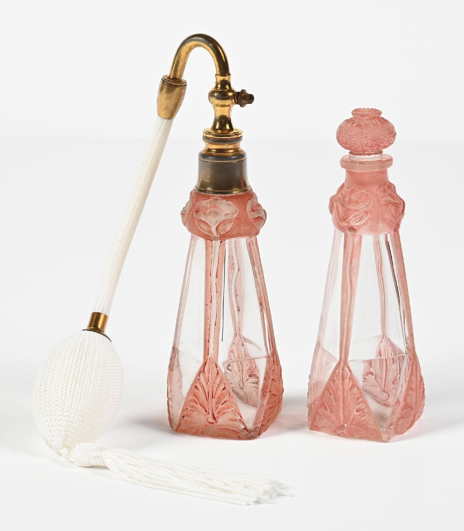 LOT OF 2: JULIAN VIARD "POPPY" PINK FROSTED PERFUMES WITH FACETED FLORAL DESIGNS (1 of 5)