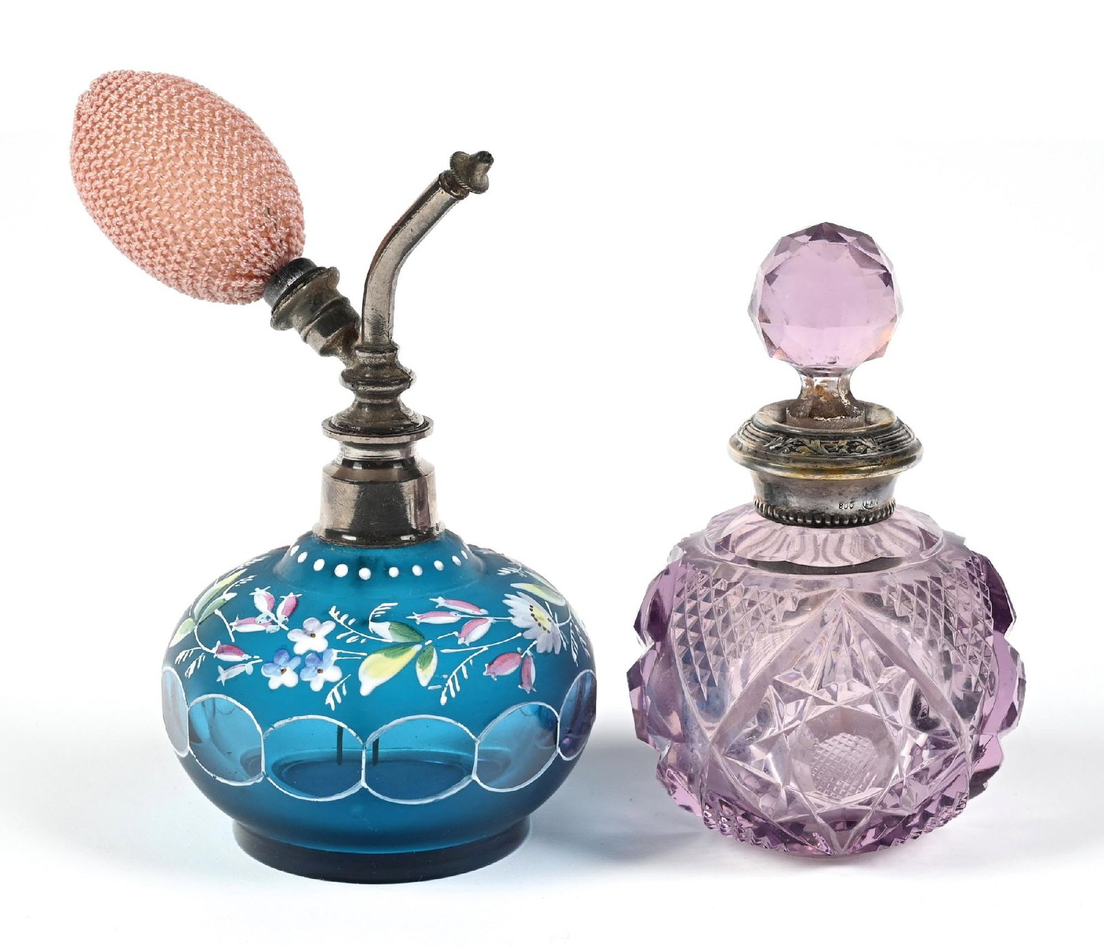 LOT OF 2: LILAC HAND-CUT CRYSTAL & BLUE CUT GLASS HAND-PAINTED PERFUME BOTTLES (1 of 5)