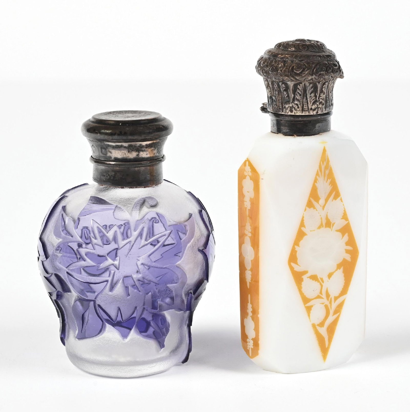 LOT OF 2: PURPLE FROSTED CAMEO GLASS & WHITE OPALINE CAMEO GLASS PERFUME BOTTLES (1 of 5)