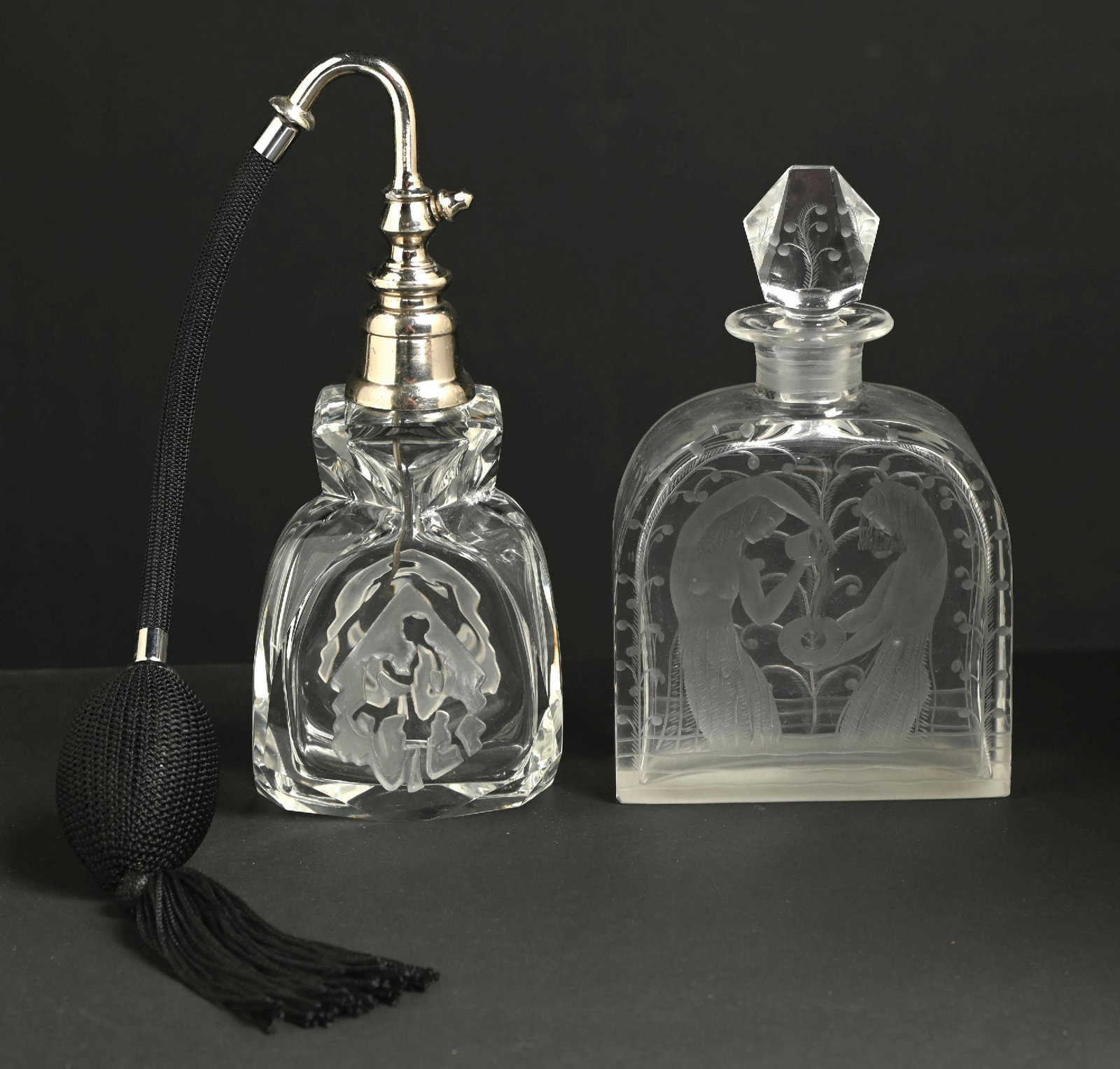 LOT OF 2: CUT GLASS PERFUMES WITH FIGURAL ETCHINGS (1 of 5)
