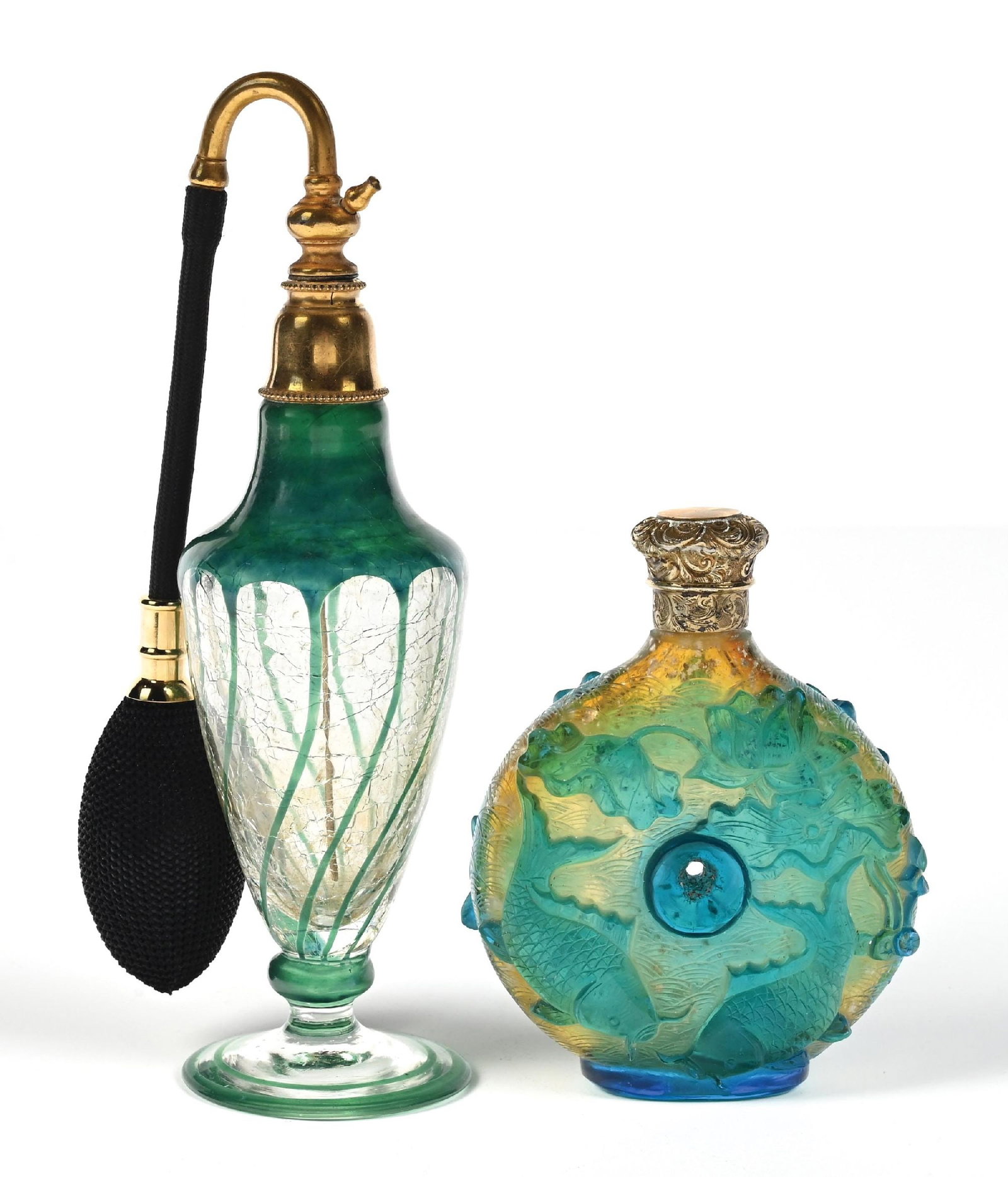 LOT OF 2: GREEN CRACKLE GLASS ATOMIZER & CHINESE PEKING PERFUME BOTTLE: (A) C. 1920s. A wonderful crackle-glass French green perfume atomizer with a brass-toned top and a black hose and atomizer puff. The perfume is in wonderful condition. (B) C.1980s. A highly decorative