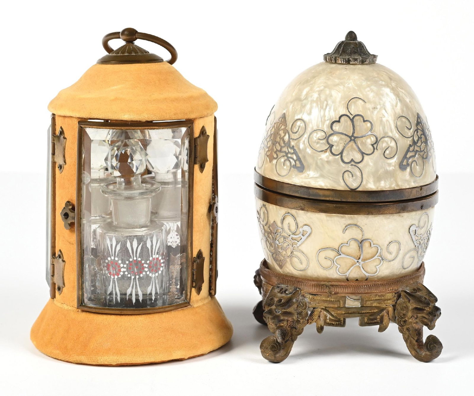 LOT OF 2: INLAY EGG PERFUME CADDY & VELVET AND GLASS PERFUME CADDIES (1 of 5)