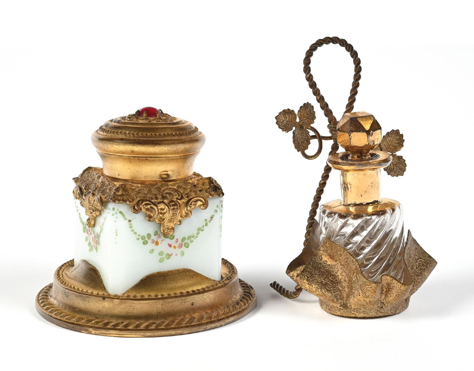 LOT OF 2: MILK GLASS INKWELL & GOLD ORMOLU PERFUME BOTTLE (1 of 4)