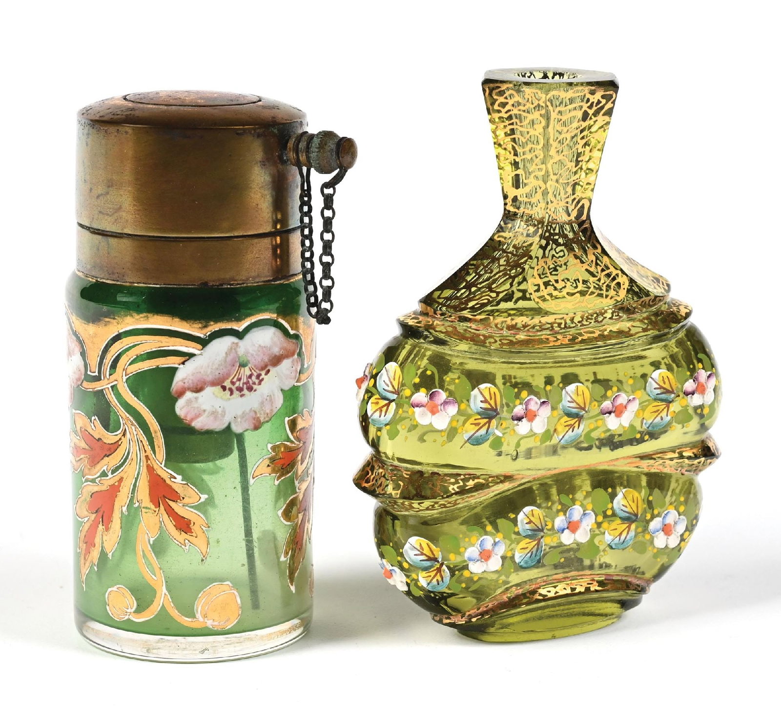 LOT OF 2: GREEN GLASS & HAND-PAINTED FLORAL PERFUME BOTTLES: C. 1900s. A collection of two green glass perfume bottles featuring gold-gilt colored decorative patterning with enamel floral patterns. Light, gentle wear consistent with age, overall in good conditi