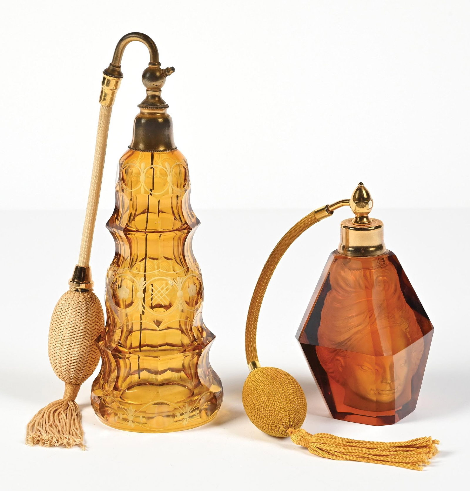 LOT OF 2: AMBER GLASS PERFUME ATOMIZERS (1 of 5)