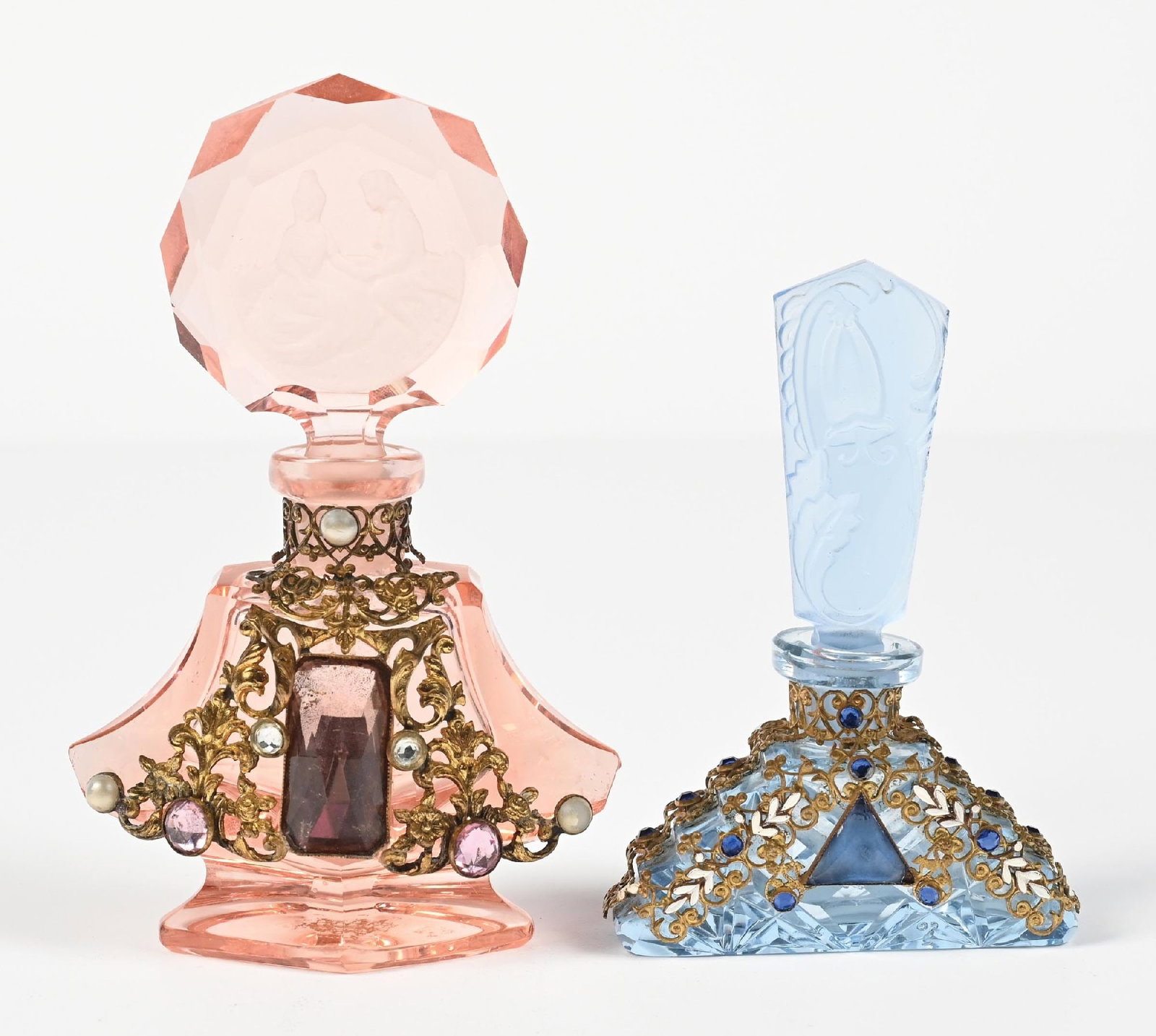 LOT OF 2: ART DECO MORLEE JEWELED PINK AND BLUE GLASS PERFUME BOTTLES (1 of 4)