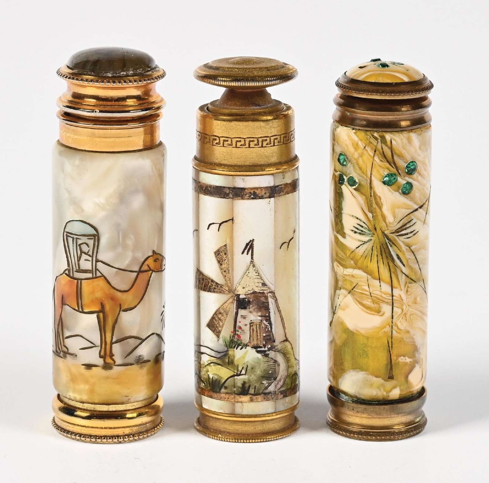 LOT OF 3: FRENCH ENAMELED MOTHER OF PEARL PERFUMES WITH DECORATIVE ETCHINGS (1 of 4)
