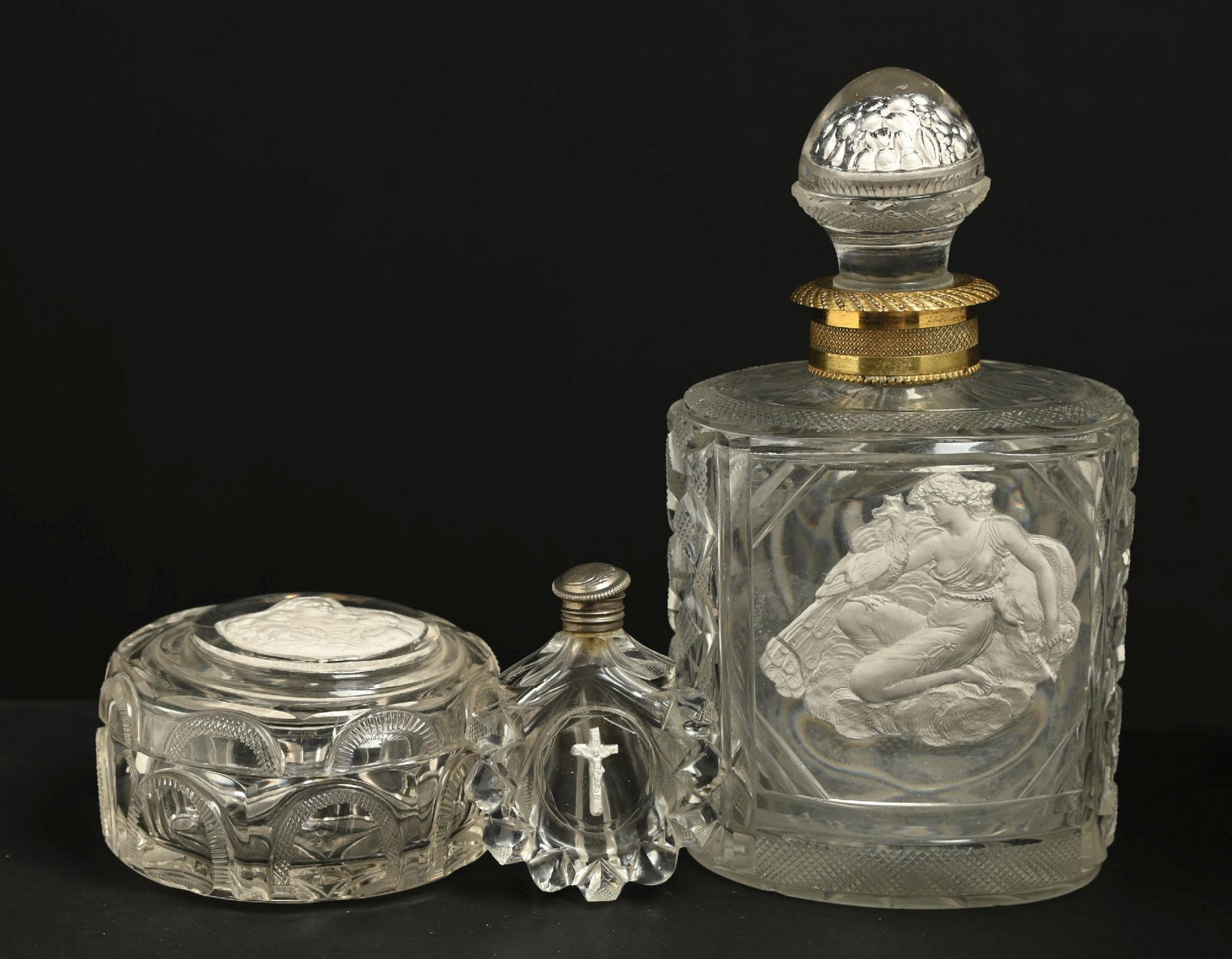 LOT OF 3: SULPHIDE BACCARAT CRYSTAL PERFUME, POWDER BOX, & SMALL CRYSTAL CRUCIFIX PERFUME (1 of 4)