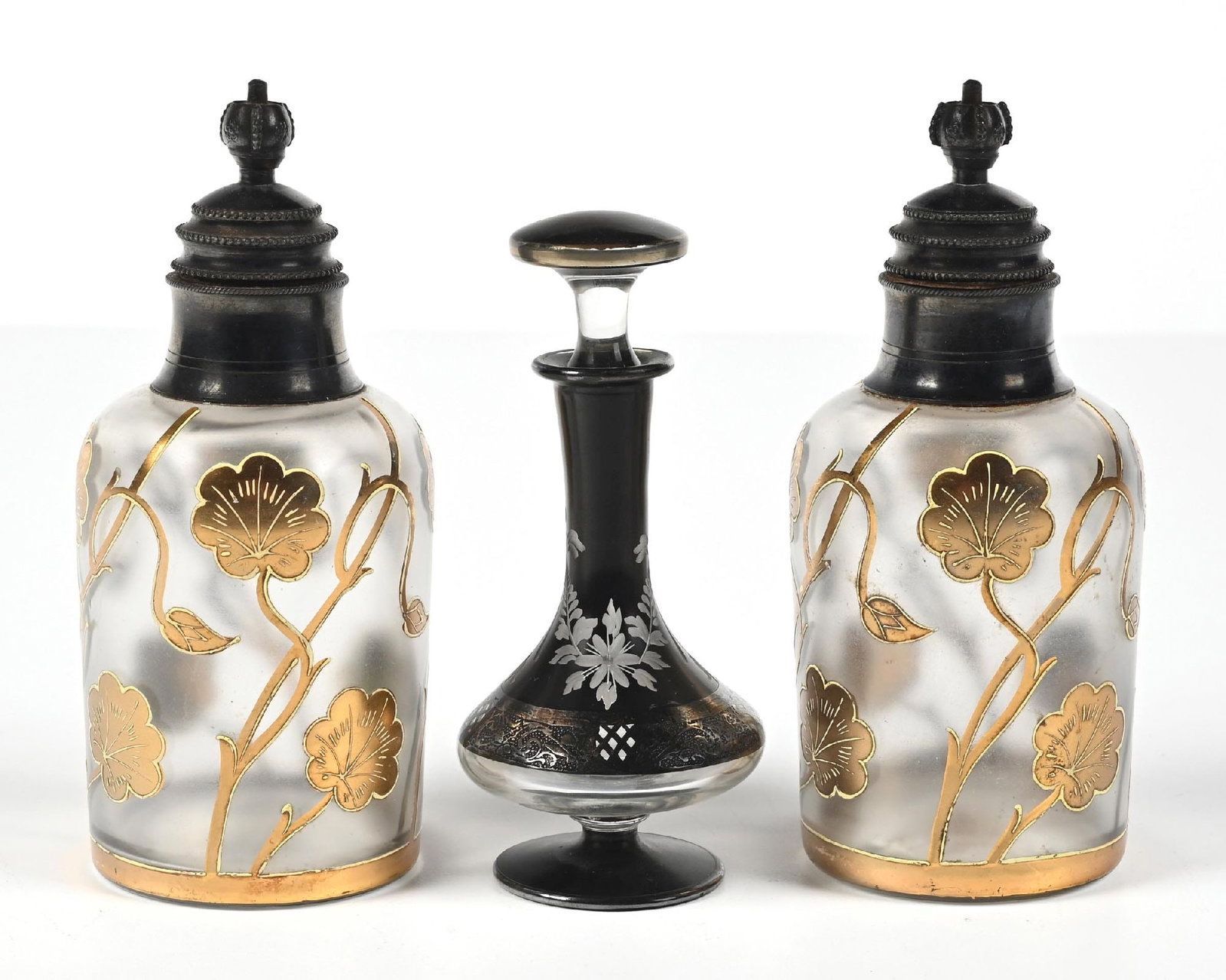LOT OF 3: CLEAR GLASS WITH GOLD OVERLAY & BLACK GLASS WITH SILVER INLAY PERFUME BOTTLES (1 of 5)