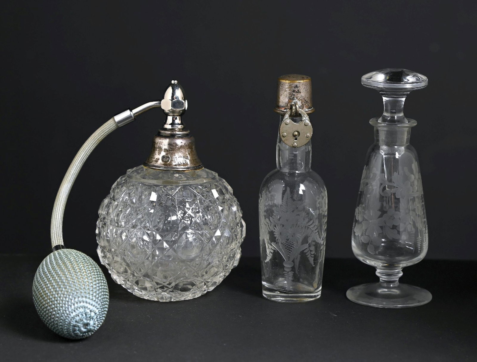 LOT OF 3: CUT GLASS PERFUME & ETCHED PERFUMES WITH VARIOUS TOPPERS (1 of 4)