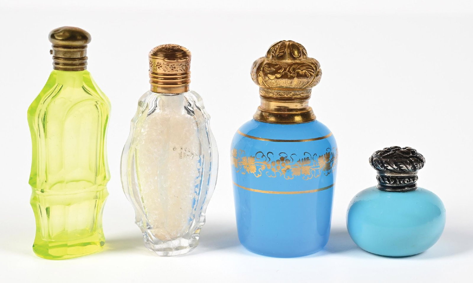 LOT OF 4: VICTORIAN OPALINE & ART GLASS PERFUME BOTTLES, INCLUDING SILVER-MOUNTED VINAIGRETTE. (1 of 5)
