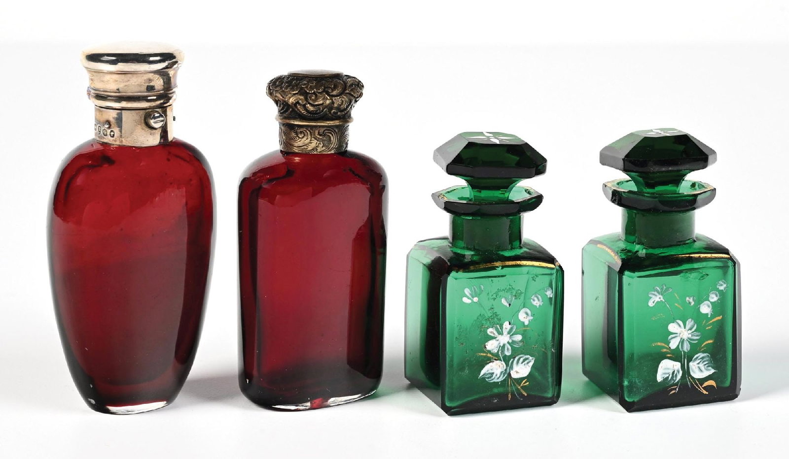 LOT OF 4: EMERALD GREEN & RUBY RED GLASS PERFUME BOTTLES (1 of 4)