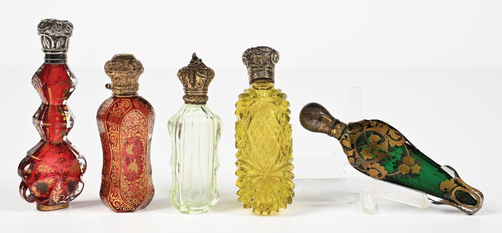 LOT OF 5: ORNATE CUT-GLASS PERFUME BOTTLES (1 of 3)