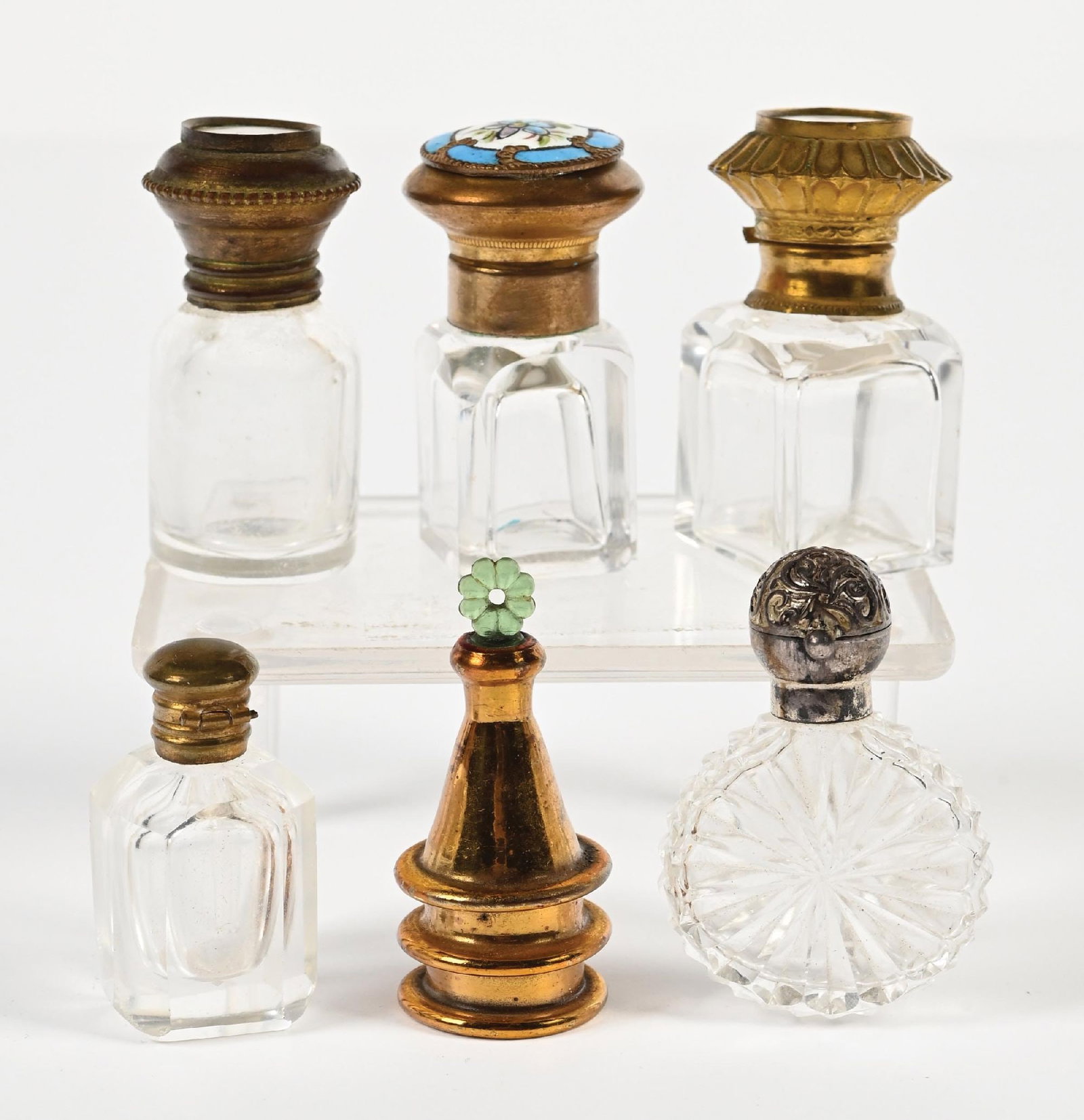 LOT OF 5: CLEAR GLASS MINIATURE PERFUME BOTTLES (1 of 2)