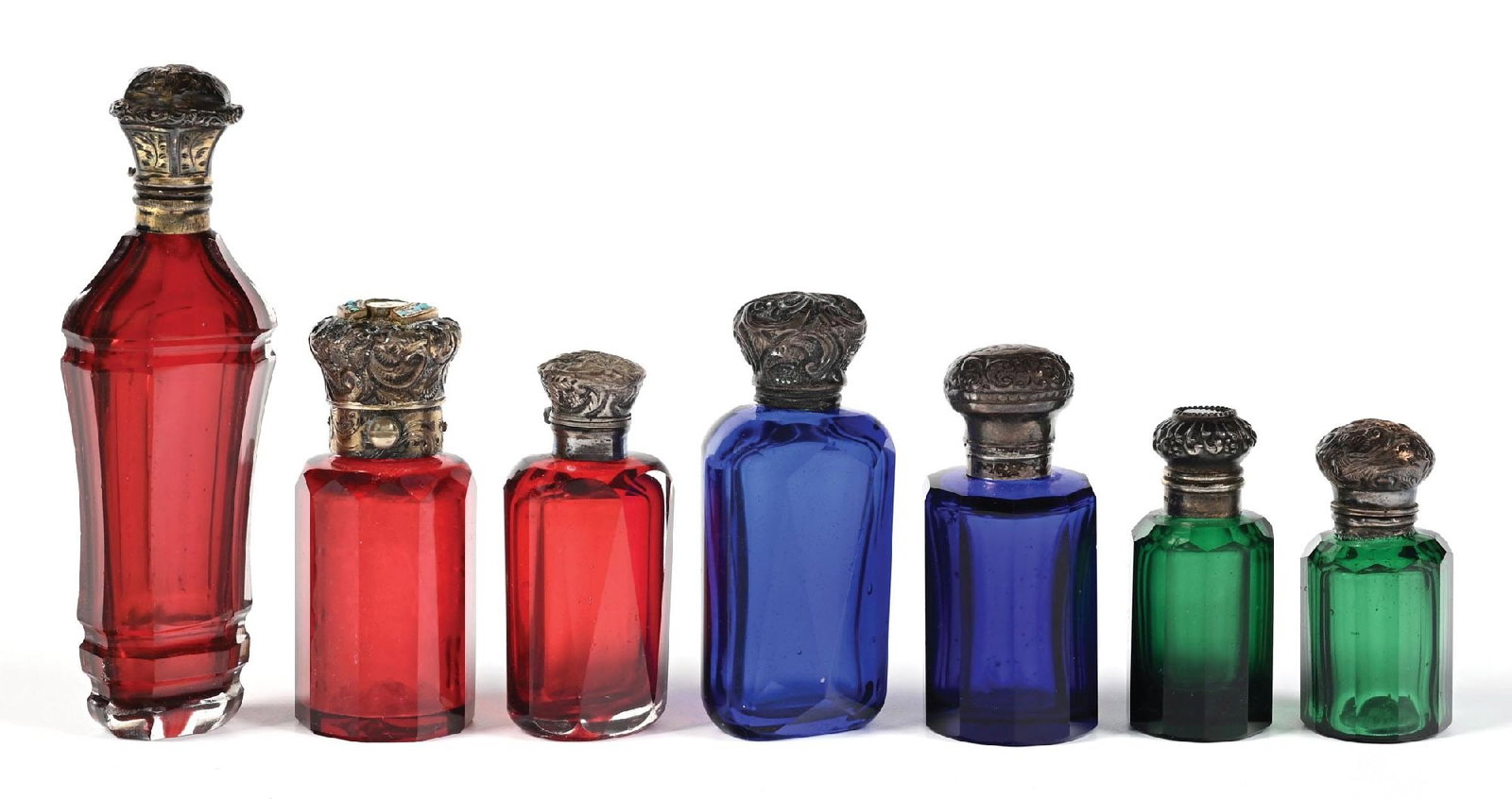 LOT OF 7: EMERALD GREEN, RUBY RED, & COBALT BLUE PERFUME BOTTLES (1 of 2)