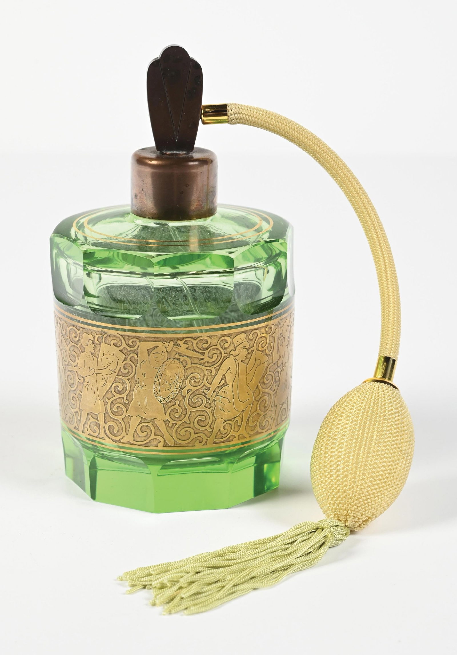 MOSER GREEN WITH GOLD BAND PERFUME BOTTLE: C. 1920s. A wonderful Moser "Amazon" or "Oroplastic" patterned glass atomizer perfume. The striking round green glass body has vertical flute-cut on the upper and lower sections of the glass, borderin