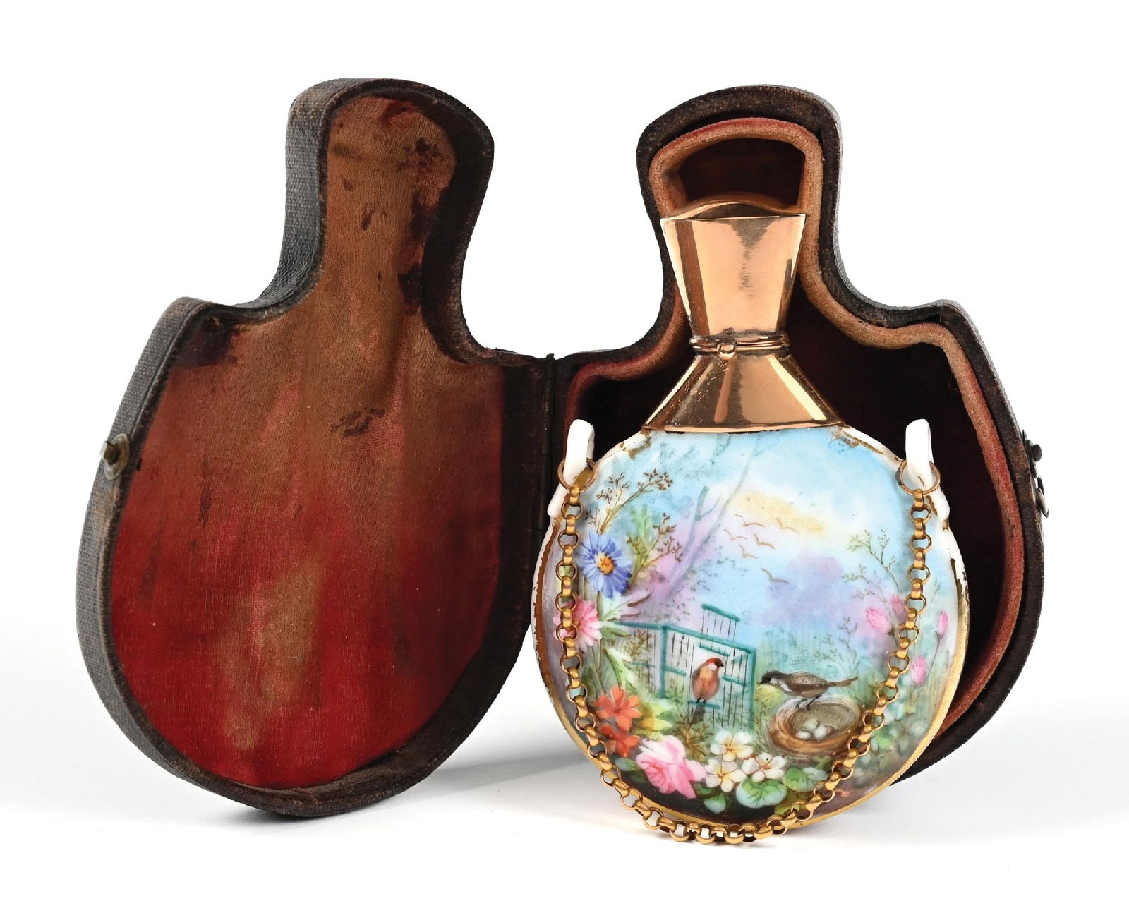 PORCELAIN & ENAMEL PERFUME BOTTLE IN CASE: C. 1800s. A gorgeous porcelain chatelaine perfume bottle. The bottle features a stunning, rounded flask porcelain body featuring a beautiful enamel scene of birds in a garden on one side and purple fl