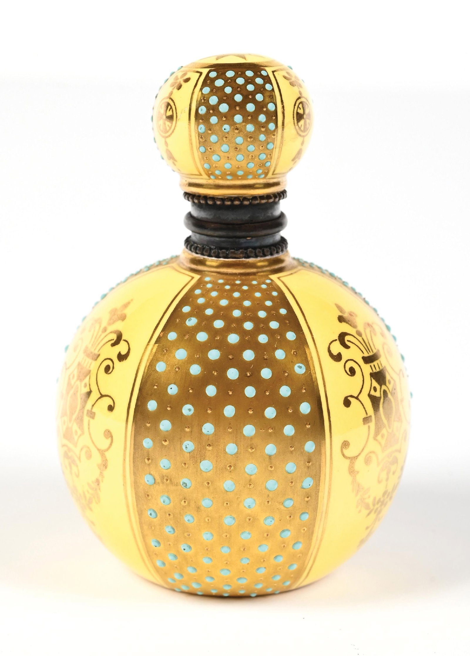 JEWELED COALPORT PORCELAIN PERFUME WITH GLOBULAR YELLOW BODY WITH BLUE JEWELS AND ORNATE SHIELD: C. 1800s. A beautiful, signed, enameled jeweled Coaport porcelain perfume bottle. The bottle has a globular body and a hinged top adorned with turquoise jewels bordering the panels on a gold ground. I
