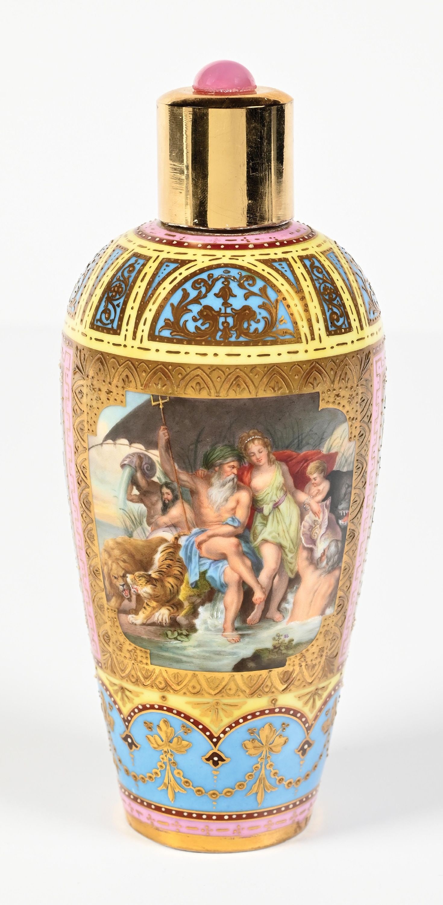 PORCELAIN ROYAL VIENNA PERFUME BOTTLE: C. 1900s. A beautiful Royal Vienna Austria enameled porcelain vase featuring "Drunken Silenus Supported by Satyrs" Van Dyck mythological painting, as expected for age, in very good condition. 2" Dia.