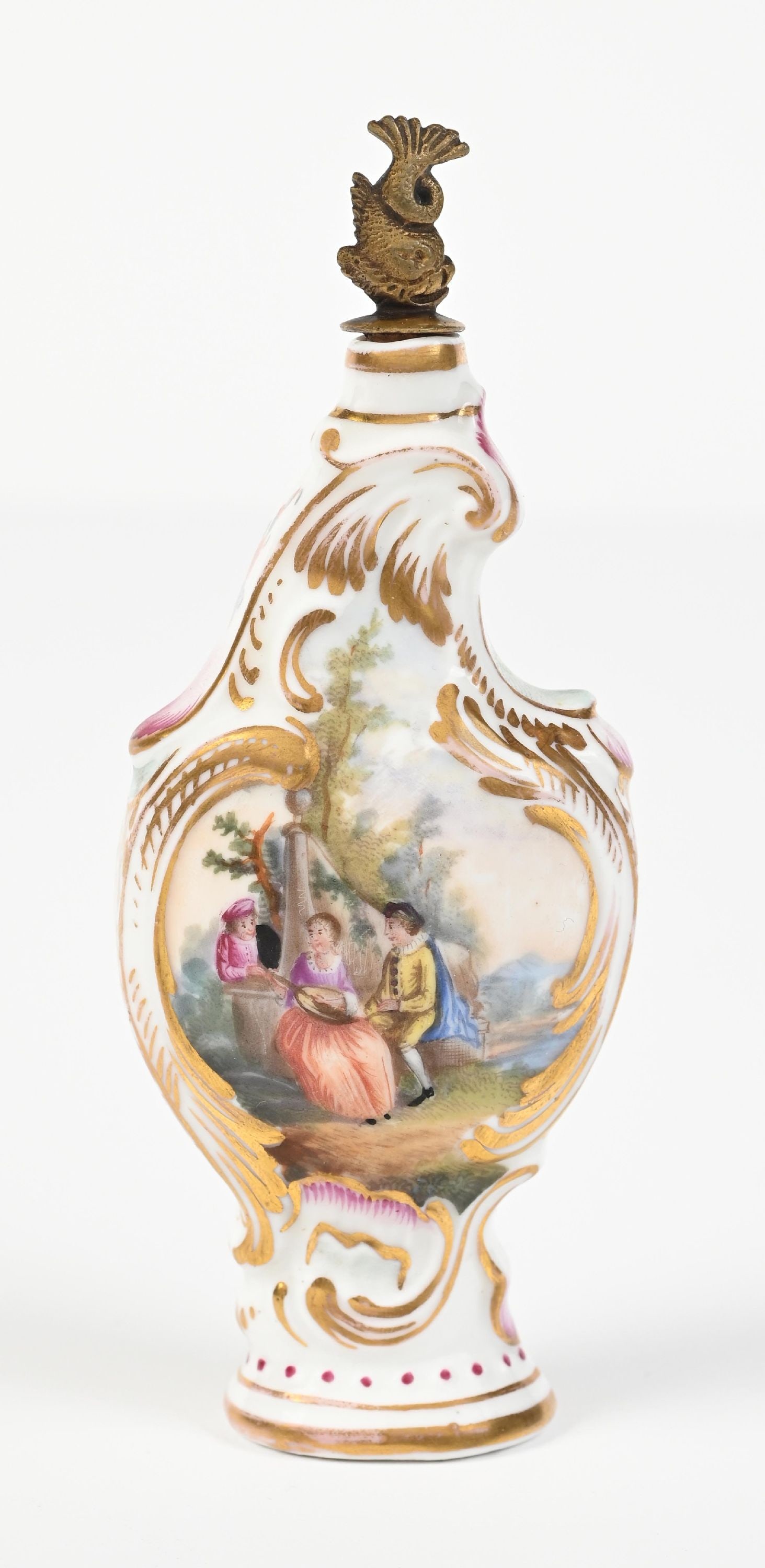 PORCELAIN SCENIC PERFUME BOTTLE: C. 18th century. A fantastic Carl Thieme porcelain rococo perfume bottle with a couple of courting scenic paintings and floral patterning, in fantastic condition. 1-1/4" x 1" x 5". Condition: 200