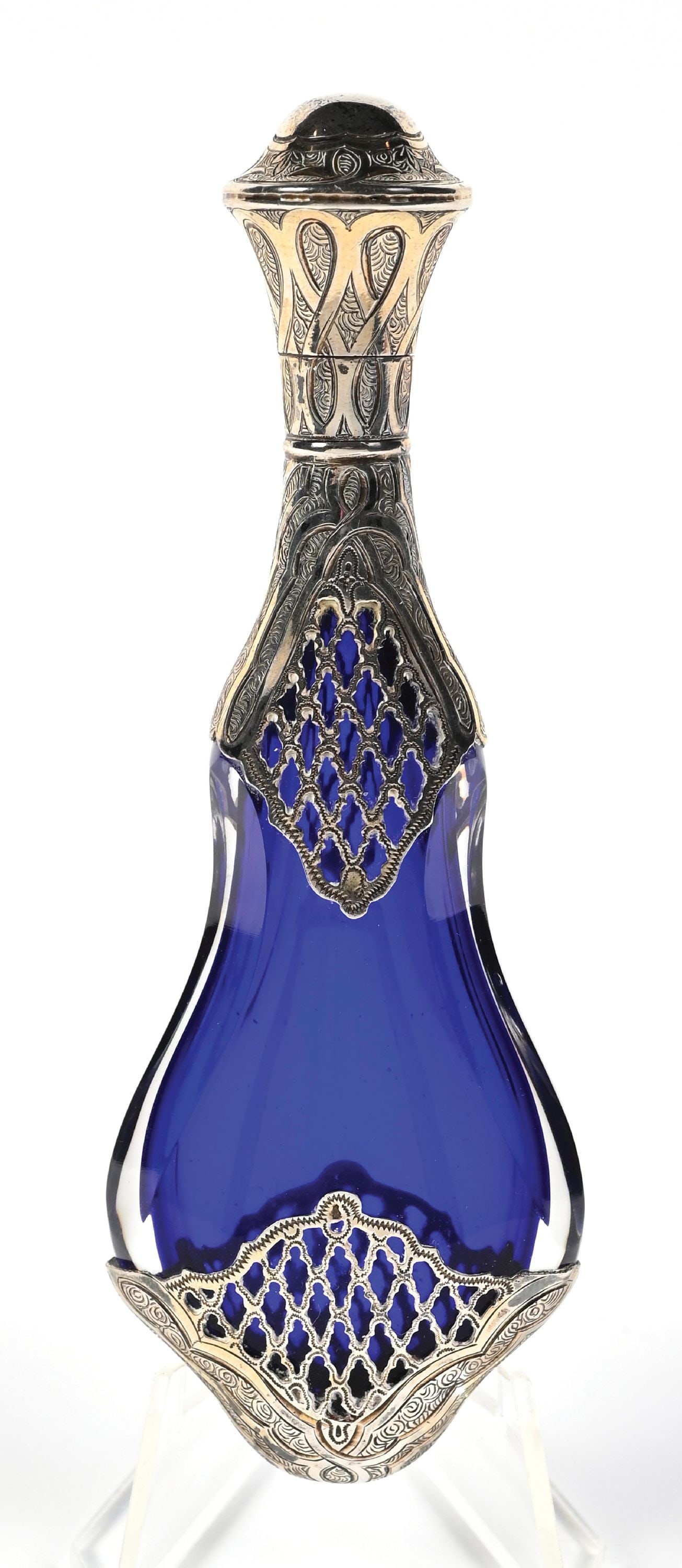COBALT BLUE WITH SILVER OVERLAY PERFUME BOTTLE (1 of 4)