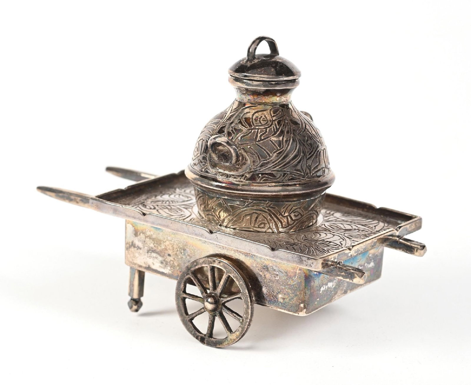 ANTIQUE PERSIAN STERLING SILVER PERFUME BOTTLE ON HANDCART STAND (1 of 6)