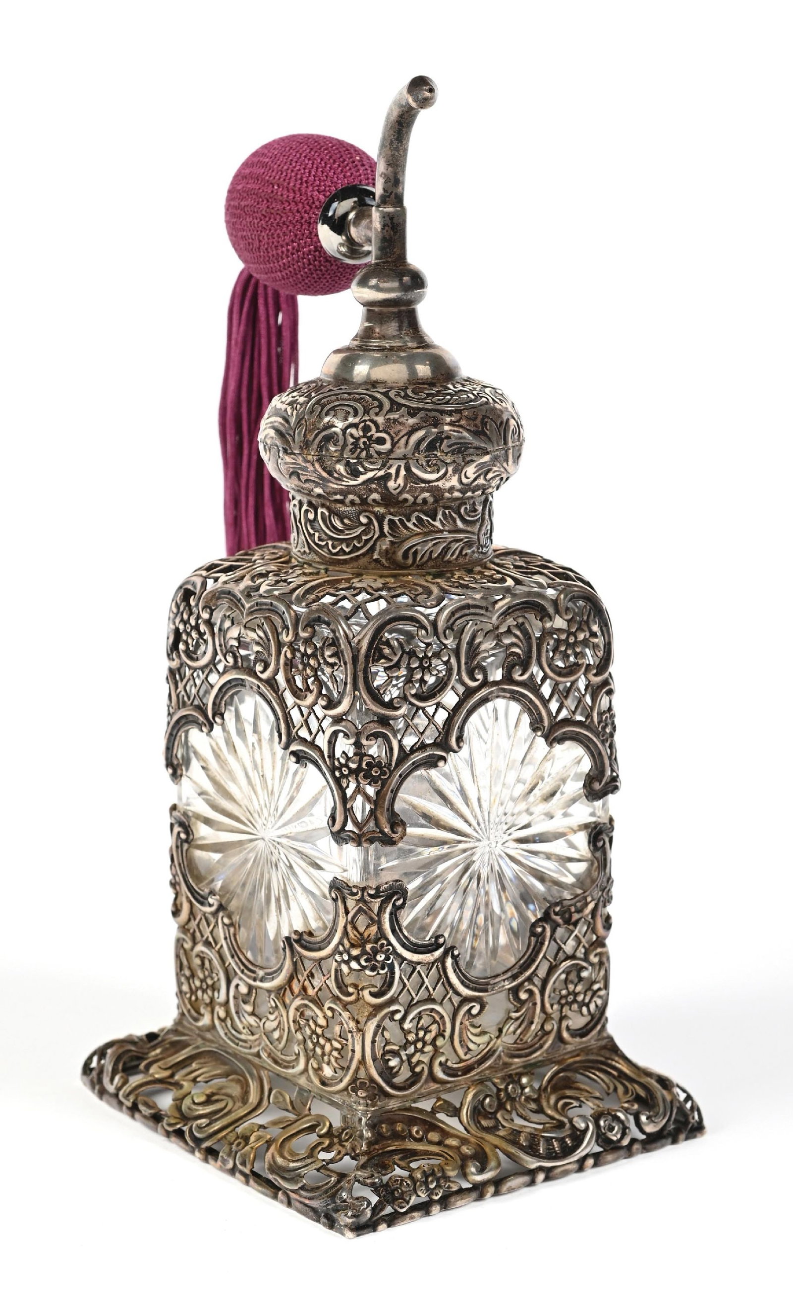 WILLIAM COMYNS SILVER-PLATED CASED CUT GLASS PERFUME WITH MAROON ATOMIZER (1 of 4)
