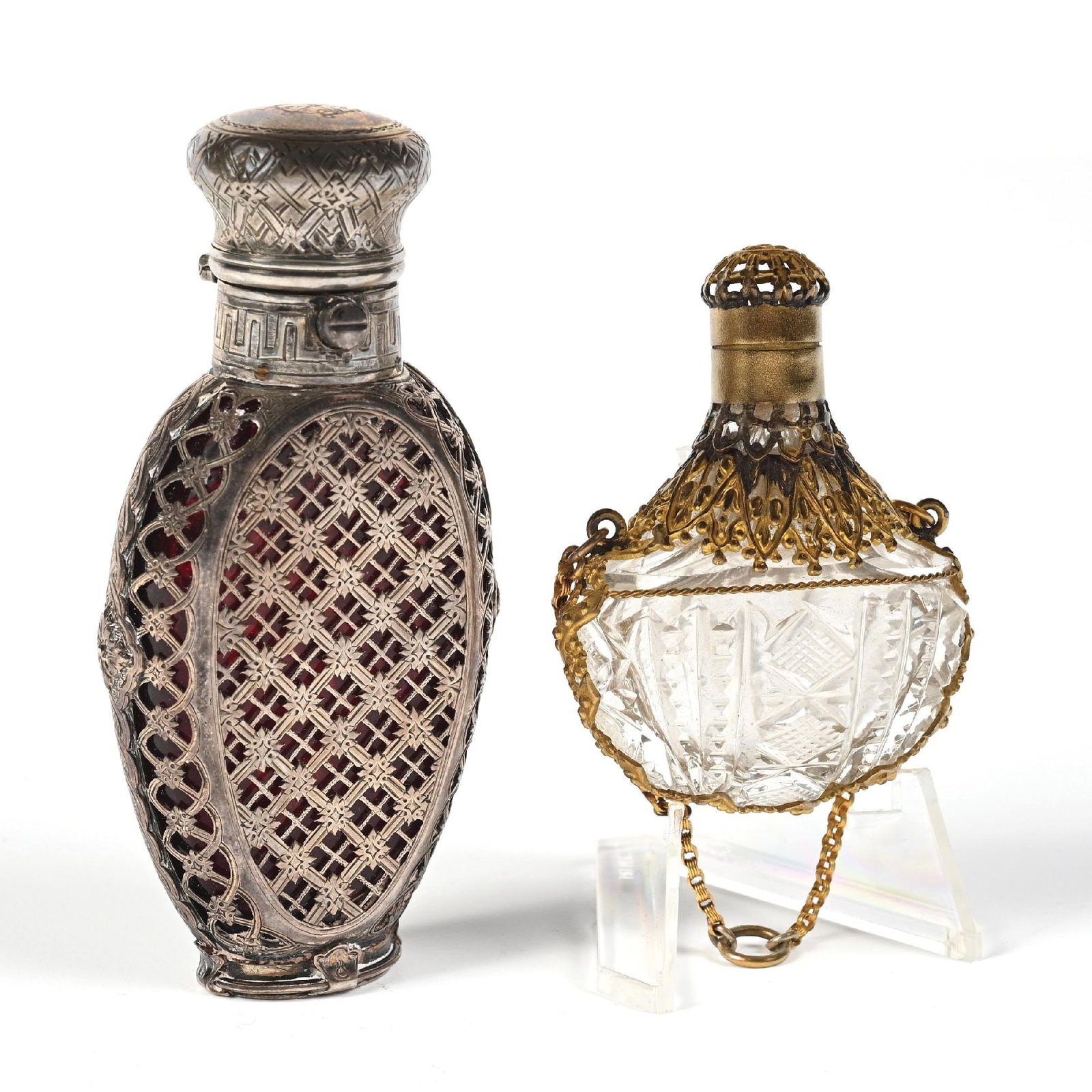 LOT OF 2: INTRICATE STERLING SILVER & GOLD CASING PERFUME BOTTLES (1 of 5)